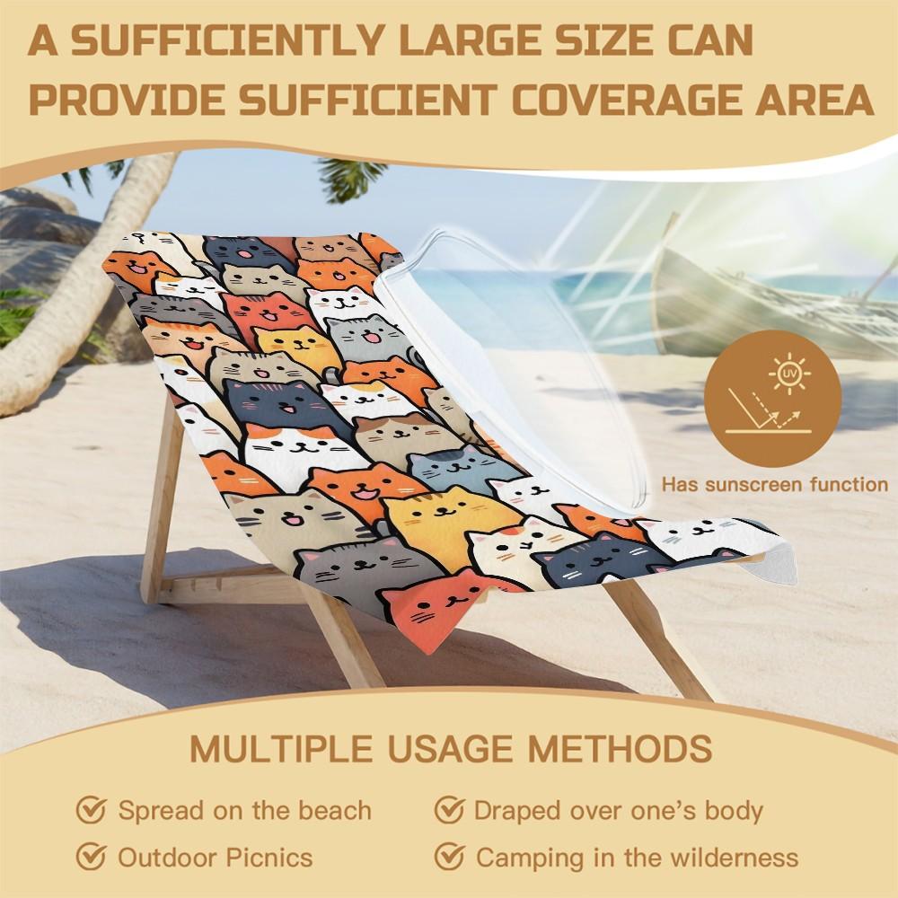 Cute Cartoon Cat Beach Towel, Trendy and Cool Print Design, Lightweight and Quick-Drying Towel, Suitable for Teens, Adults, and Children for Poolside, Vacation, Travel, and Outdoor Summer Use. Lightweight and Quick-Drying