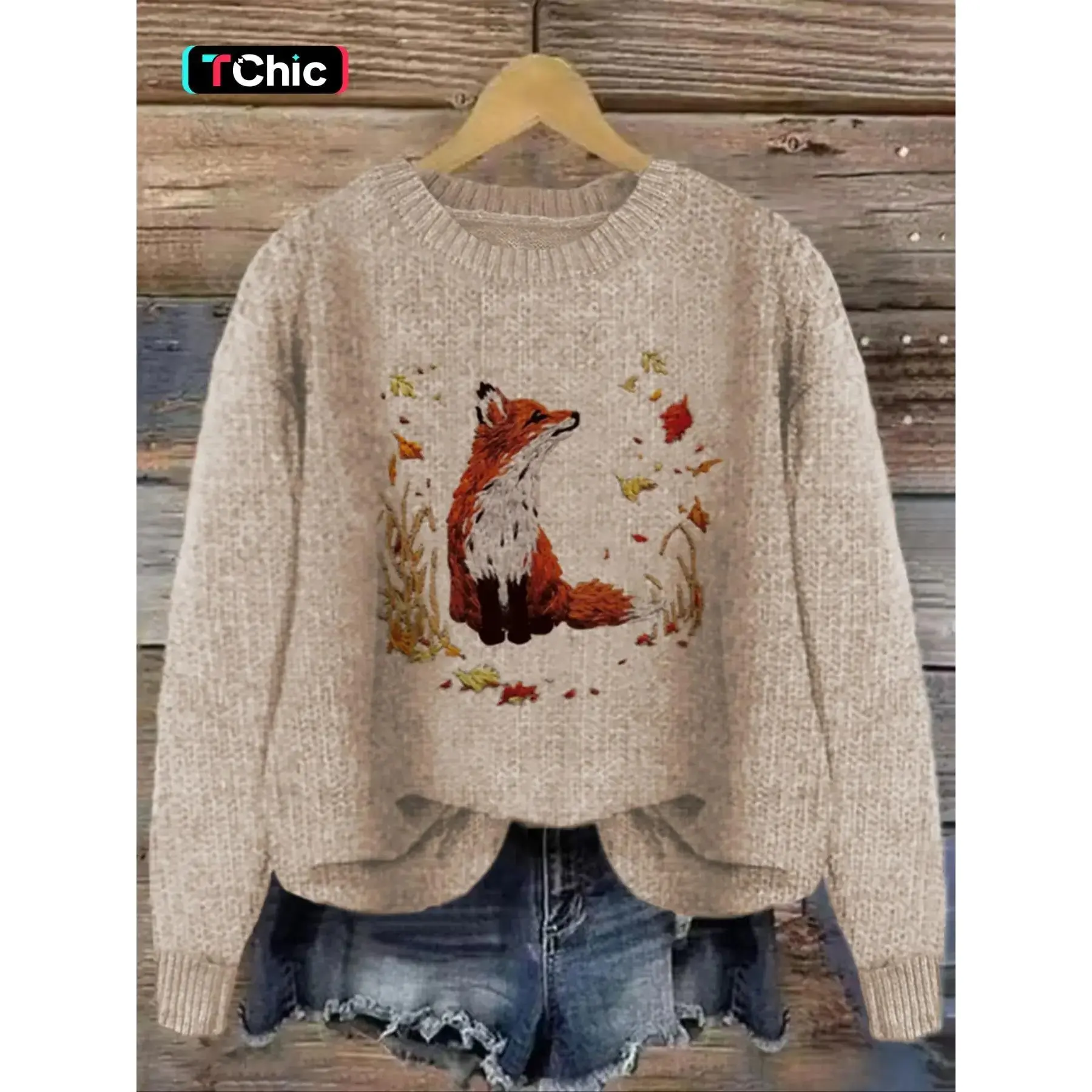 Women's Fox & Leaf Print Drop Shoulder Baggy Sweater, Casual Long Sleeve Round Neck Jumper for Fall & Winter, Fashion Ladies' Knitwear for Daily Wear, Tops