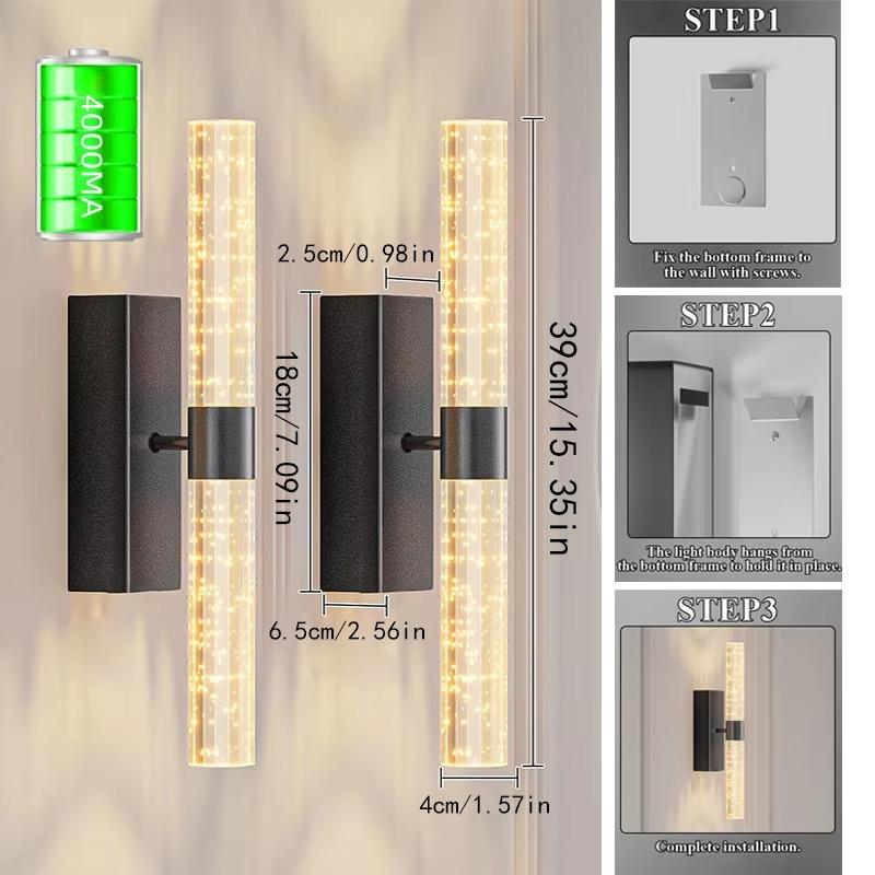 2Pcs Wall Lamps, Luxury Crystal LED Wall Lights, USB Rechargeable, 4000mAh, Magnetic Mount for Wireless Installation, Remote-Controlled Dimming, For Dining Rooms, Bedrooms and Bathroom Mirror Wall Lighting
