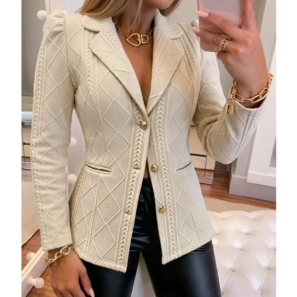 VVZ 2026 Women Structured Shoulder Blazer Lapel Collar Diamond Quilted Pattern Bodycon Fit Button Front Jacket Fall Winter Office Party Outerwear