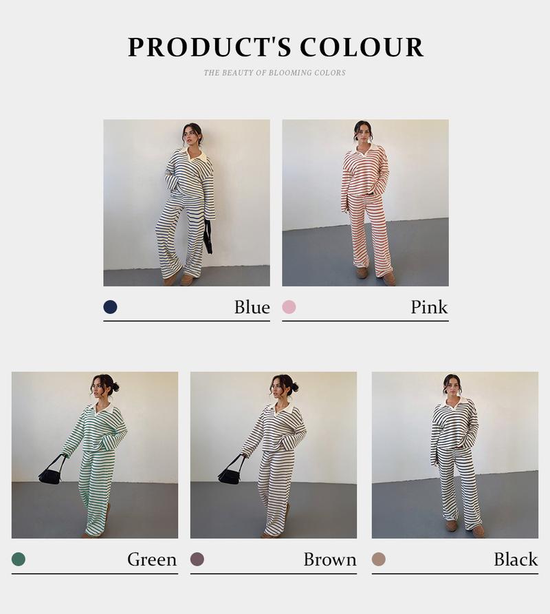 KatchMe Women's Casual Color Matching Stripe Long Sleeve Top & Wide Leg Trousers Co-ord, Soft V-Neck Loose Two Piece Outfits, Comfortable Womenswear #BlackFriday# KatchMe Women's Casual Color Matching Stripe Long Sleeve Top & Wide Leg Trousers Co-ord, Soft V-Neck Loose Two Piece Outfits, Comfortable Womenswear #BlackFriday#