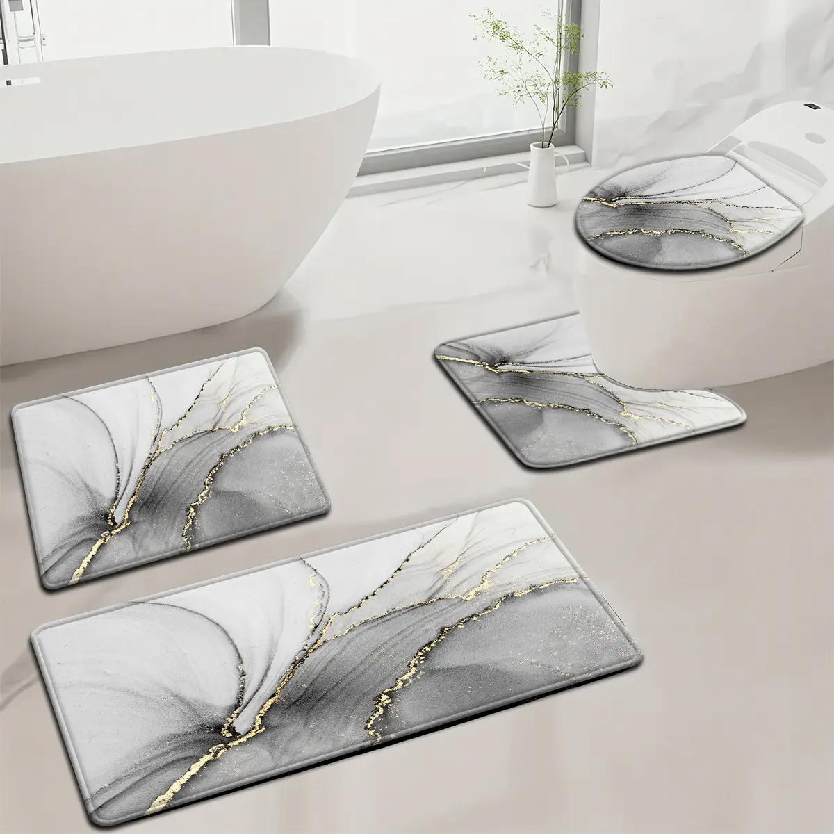 3pcs4pcs  Gray Liquid Golden Marble Pattern Bathroom Mat Set Toilet Lid Mat And Rug Bathroom Decor U-Shaped Foot Mat,Christmas,Santa,non-slip,soft,home,Memory,large,floor,quick,mats,waterproof,waffle,foam,diatomaceous,,rubber,super,absorbent bath rug,,,
