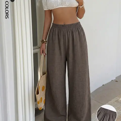 Women's Solid Color Palazzo Pants Classical Summer Flowy Wide Leg Beach Trousers With Pocket Casual Soft Elastic High Waist Lounge Pants Travel Vacation Bottoms Date Brunch Home Work Street wear Outfit