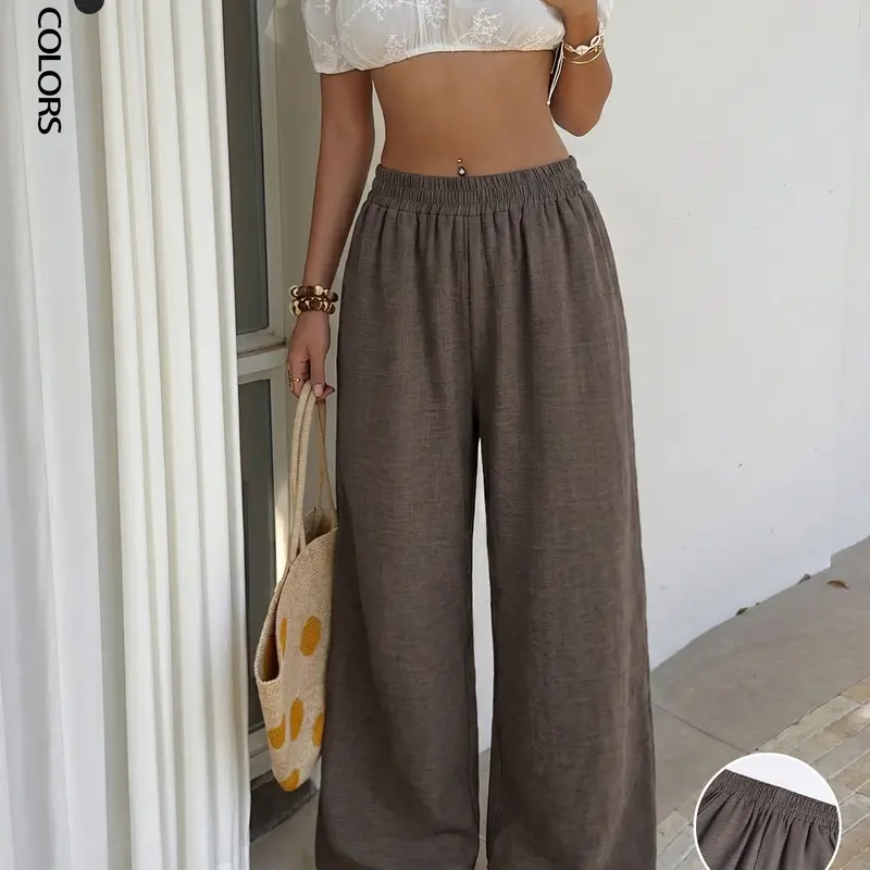 Women's Solid Color Palazzo Pants Classical Summer Flowy Wide Leg Beach Trousers With Pocket Casual Soft Elastic High Waist Lounge Pants Travel Vacation Bottoms Date Brunch Home Work Street wear Outfit