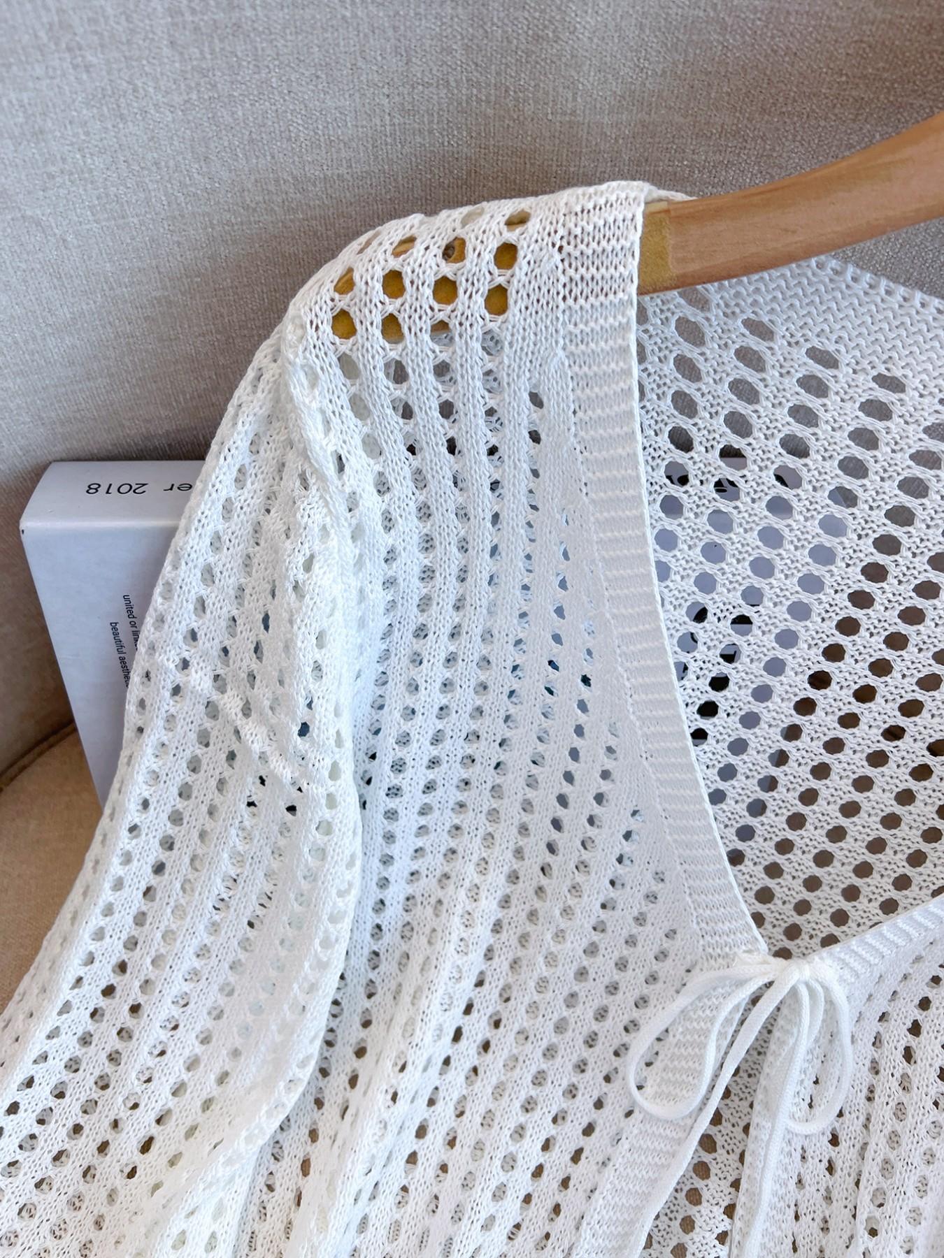 Women's Solid Hollow Out Sweater Cardigan, Casual Adjustable Tie Front Long Sleeve Knit Cardigan for Summer, Fashion Women's Knitwear for Daily Wear, Tops