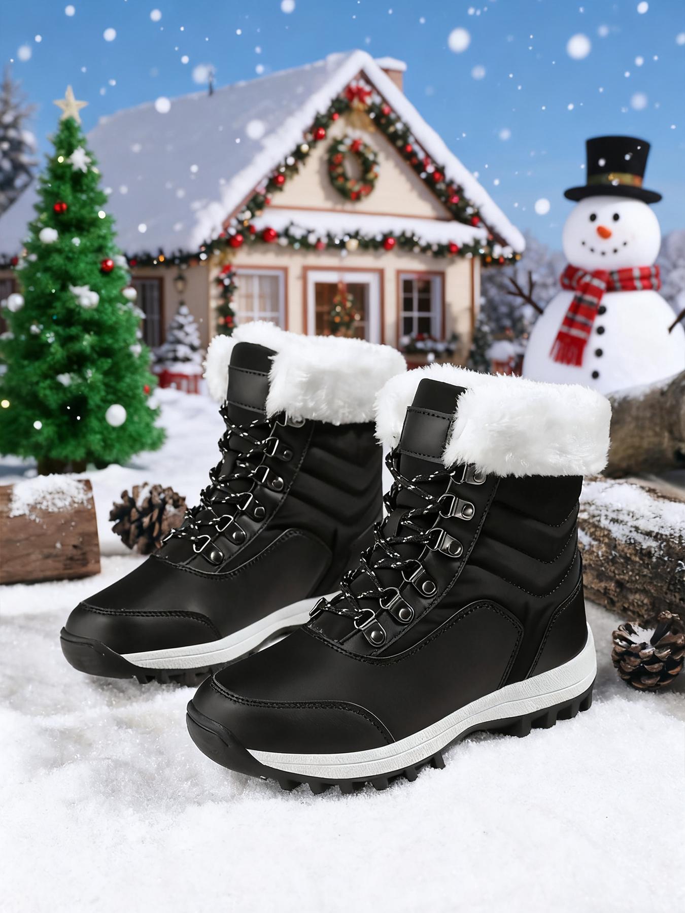 Women's High-Top Lace-Up Hiking Boots, Trekking Shoes, Durable Outdoor Snow Boots with Fleece Lining, Fashionable and Comfortable for Daily Wear and Outdoor Activities, Christmas Gift, Casual Hiking Shoes