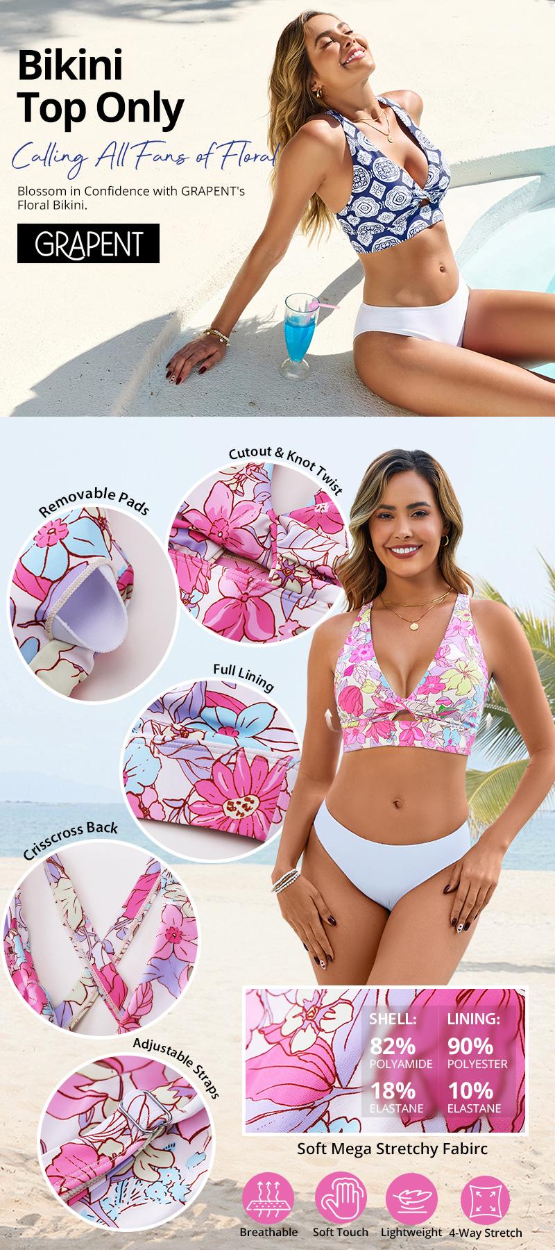 GRAPENT Bikini Top for Women Twisted Keyhole Padded Criss Cross Back Floral Print Beach Bathing Suits Swim Tops Only