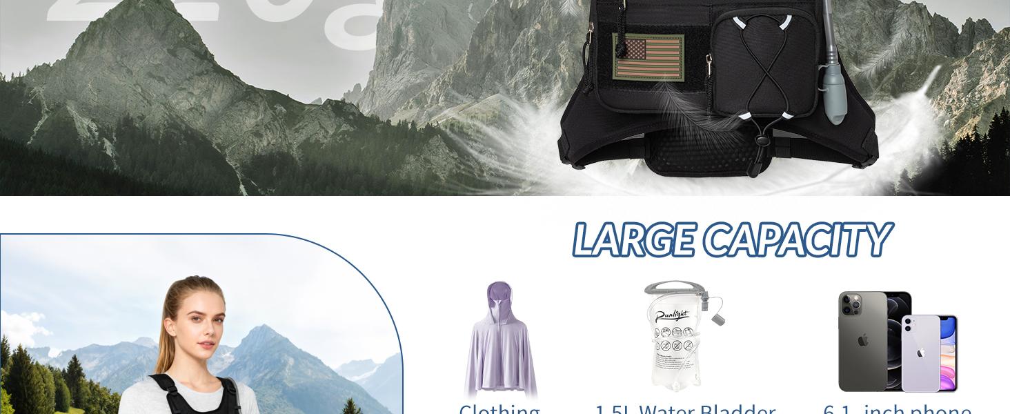 Lightweight Tactical Running Hydration Vest with Velcro Panel, 1.5L Leak-Proof Water Bladder, Adjustable Chest Pack for Unisex, Ideal for Trail Running, Hiking, Marathon and Outdoor Fitness