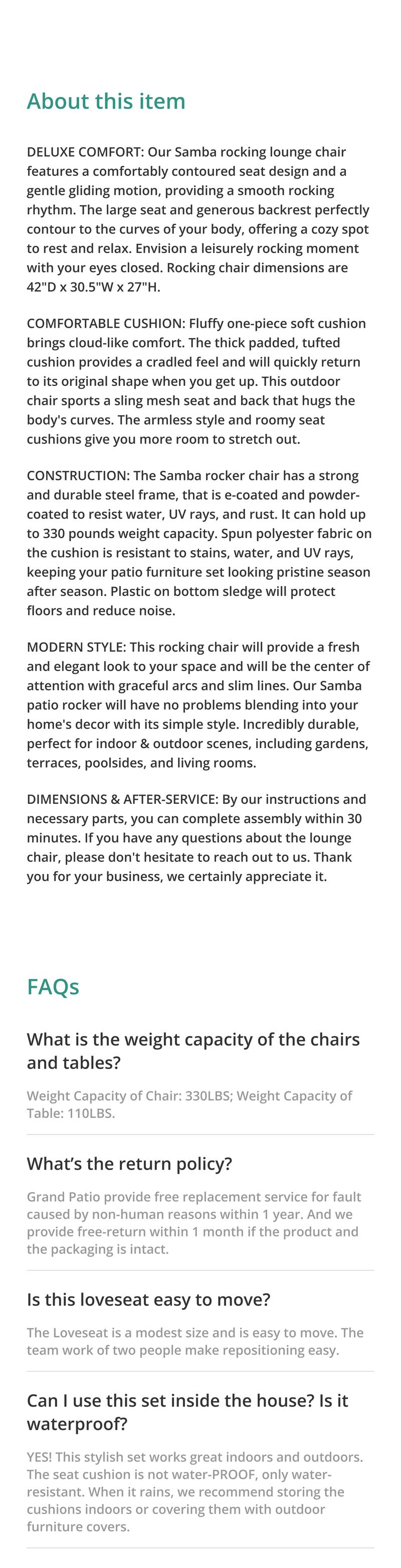 GRAND PATIO Indoor & Outdoor Rocking Chair with Thicken Dark Grey Cushion for Patio, Porch, Garden Modern Design