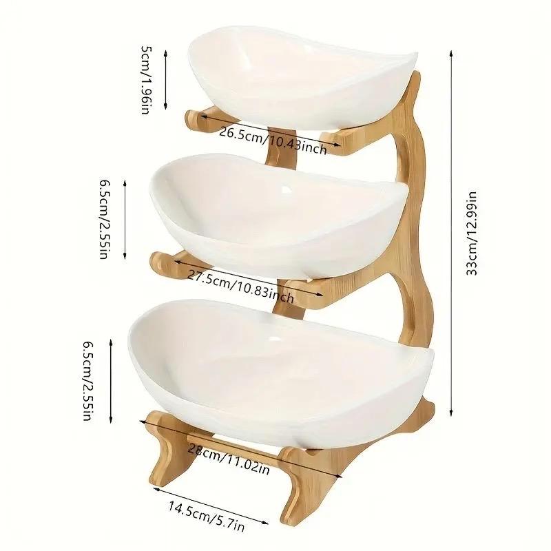 3-Tier Oval Fruit Basket with Bamboo Stand, Durable Polypropylene Kitchen Storage Rack, Modern Serving Tray, Display Riser