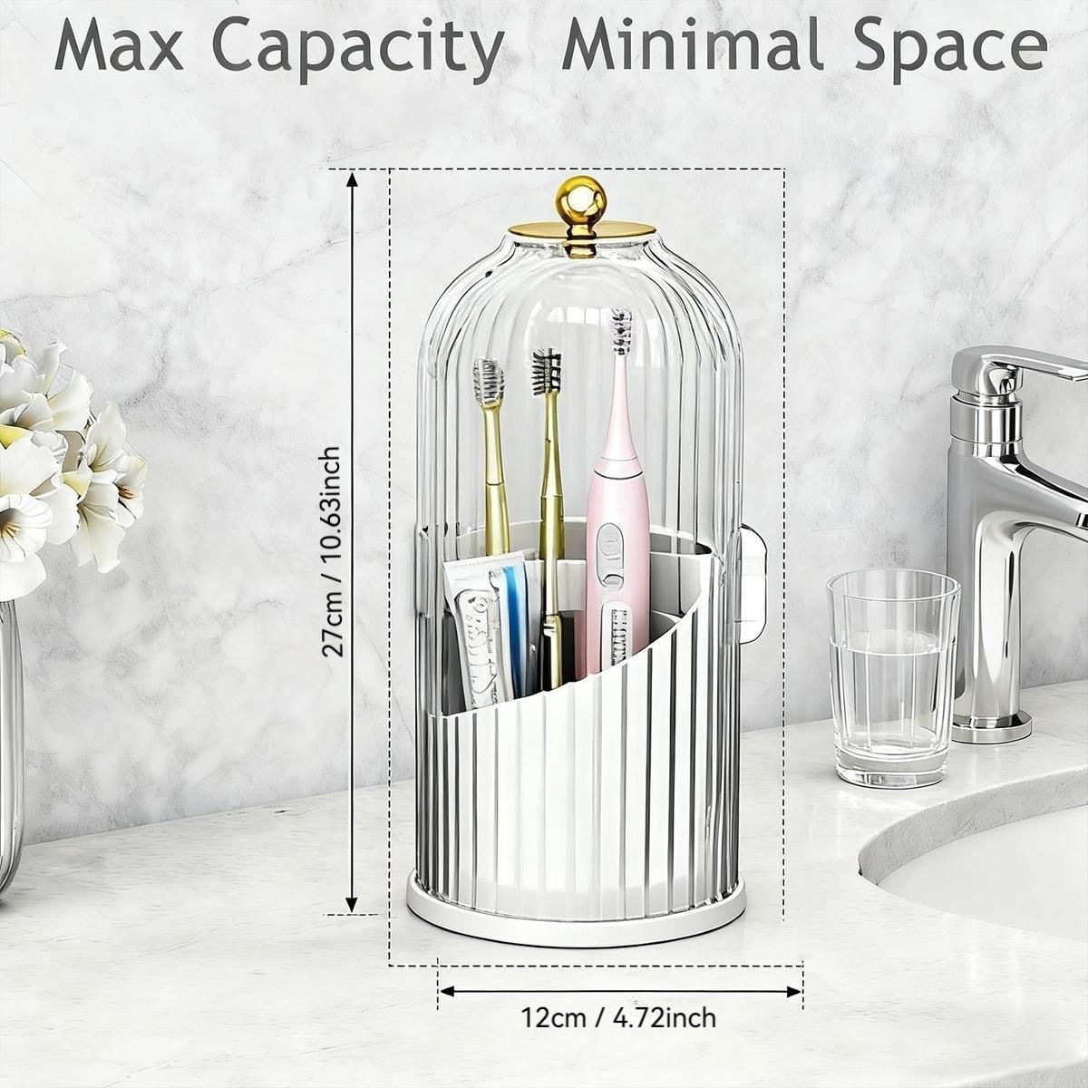 360° Spinning Toothbrush & Makeup Brush Organizer, Toothbrush Storage, Dustproof, Anti-Slip, Drainage Design, 3 Slots, Transparent Plastic, Bathroom Vanity Countertop