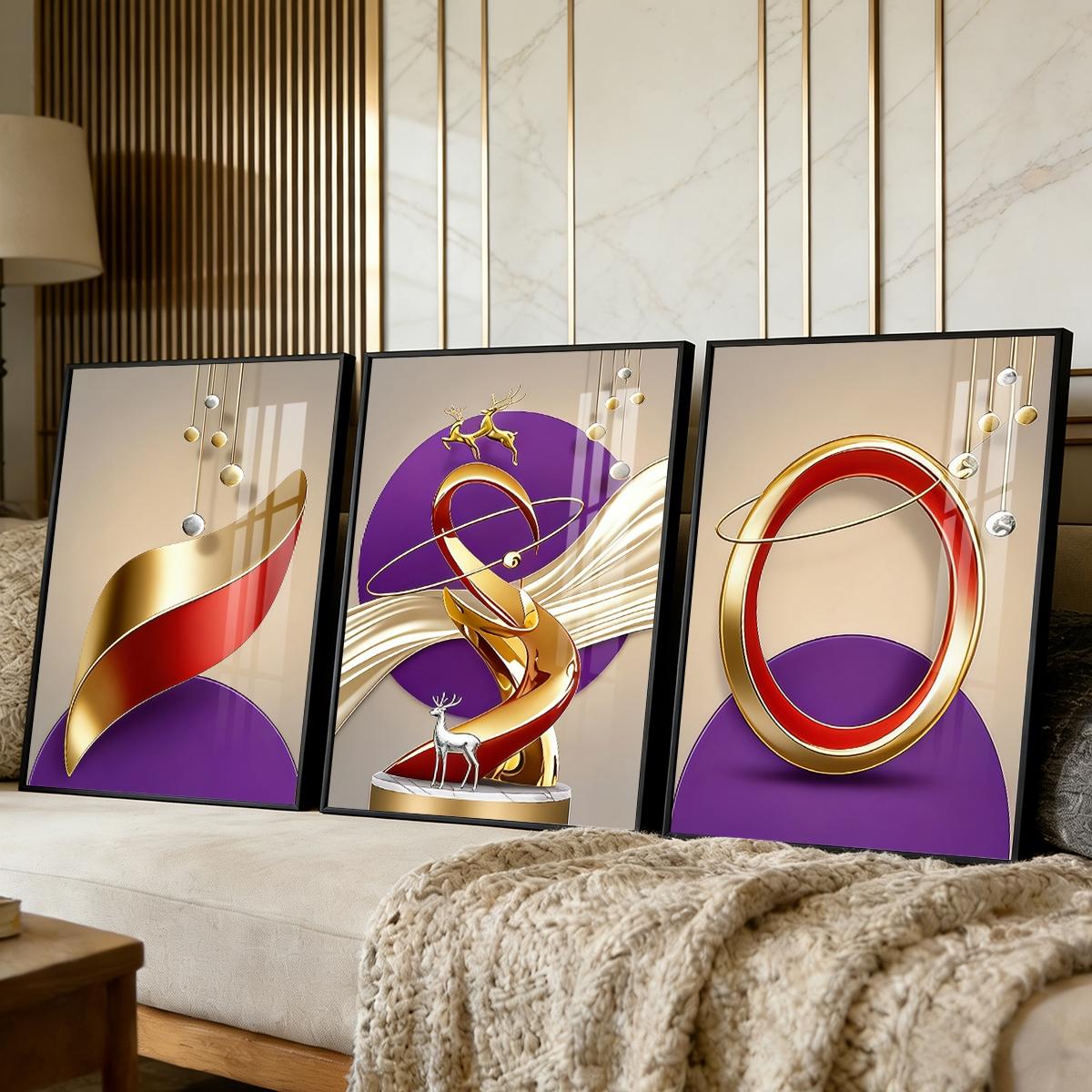 3 Counts Aluminum Alloy Framed Painting, Abstract Golden And Red Geometric Shapes With Deer Pictures, Home Decoration For Living Room, Bedroom, Office, Restaurant, Hallway Wall Decor, Odorless Print Artwork, Luxury Perfect Gift For Friends And Family