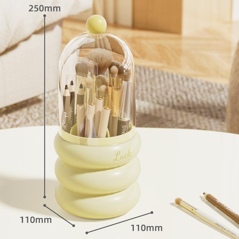360° Rotating Makeup Organizer with Clear Dustproof Lid – Rabbit Ear Design, Multi-Layer Storage for Brushes, Lipsticks, and Skincare, Polished Finish, Countertop Vanity Organizer