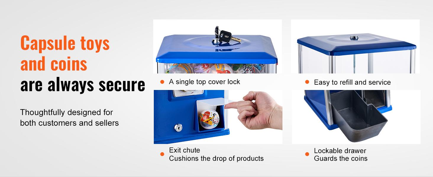 VEVOR Gumball Machine for Kids, 25 Height Home Vending Machine, PS Bouncy Balls Dispenser, Hold 230 Capsule Toys, Rectangle Bubble Gum Machine for Game Stores, Coin Operated Gumball Bank, Blue