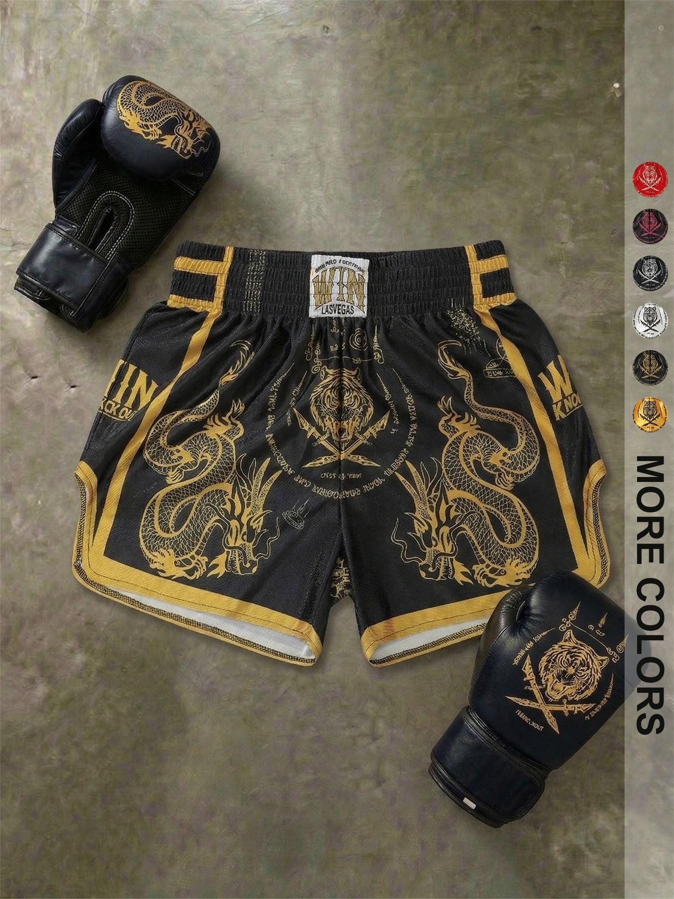 Men's Short Pants Set, Elastic Waist, High Stretch, High-Waisted, Super Short, Glossy Fabric, Dragon Tiger Print, Muay Thai Shorts