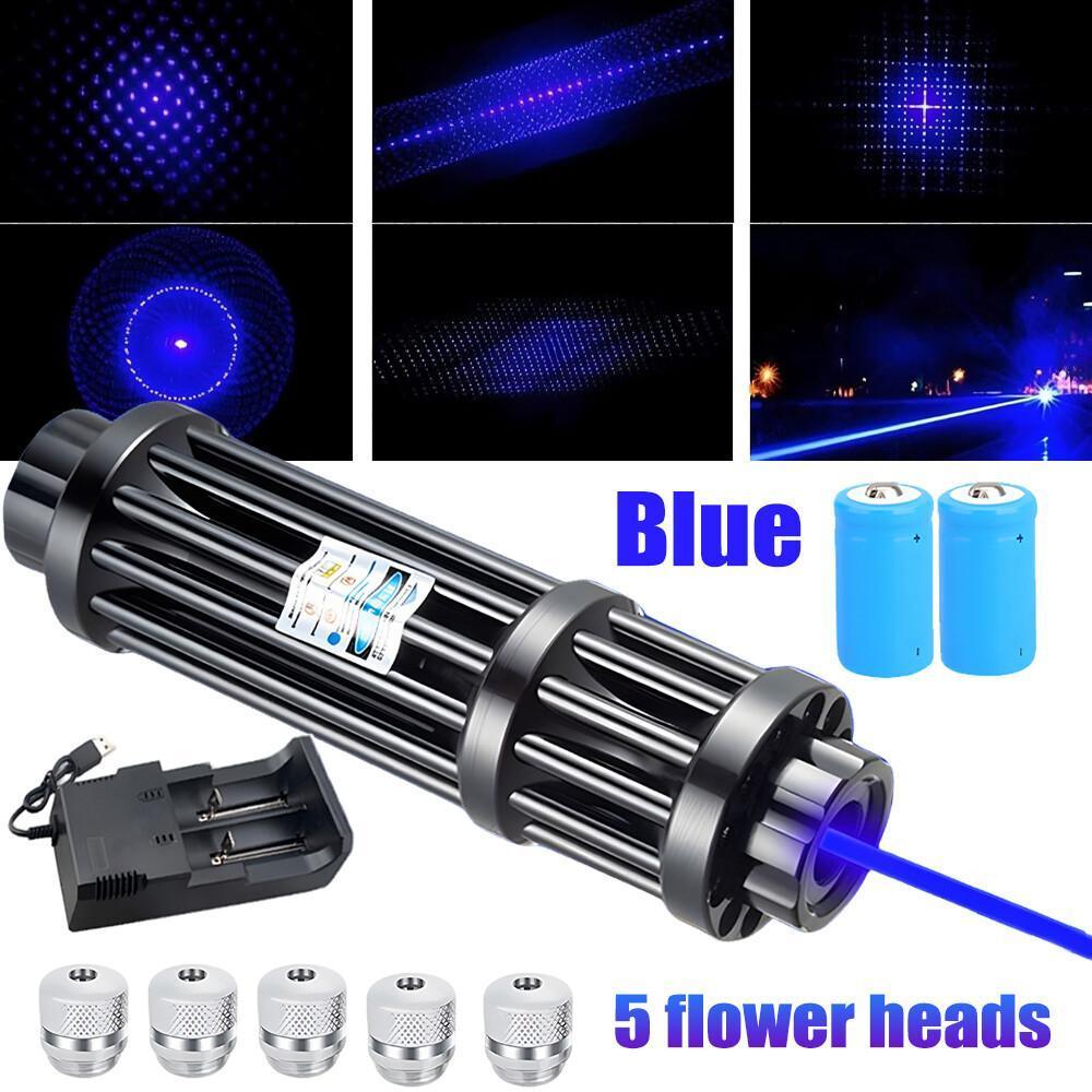 【Back To School Gift】Portable Rechargeable Blue Laser Pointer Pen, Unisex Metal Handheld Outdoor Light with 5 Pattern Heads, Battery Charger for Teachers, Tools and Gadgets Cool Gadgets