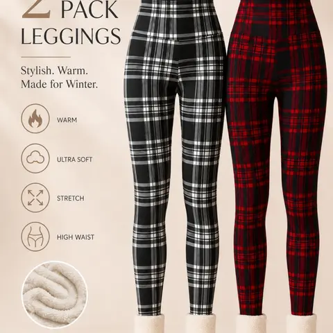 Women's Fall Winter Fleece Lining Christmas Snowflake Deer Plaid Warm Sheepskin High Waisted Leggings, Casual Plant Pattern Trousers