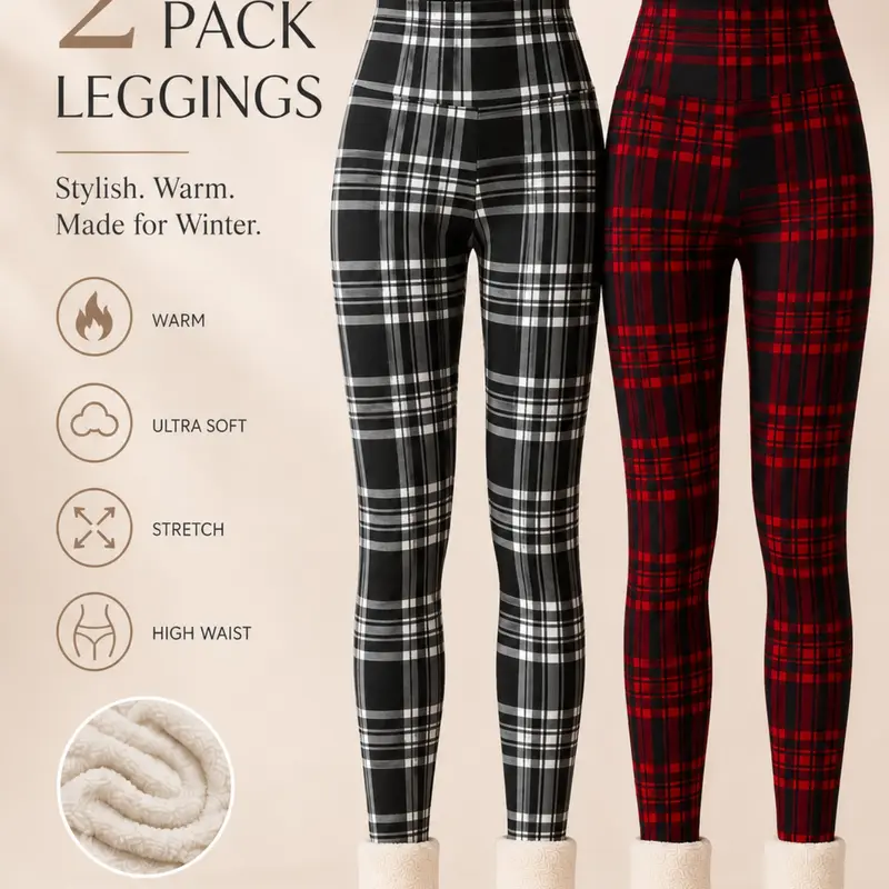 Women's Fall Winter Fleece Lining Christmas Snowflake Deer Plaid Warm Sheepskin High Waisted Leggings, Casual Plant Pattern Trousers