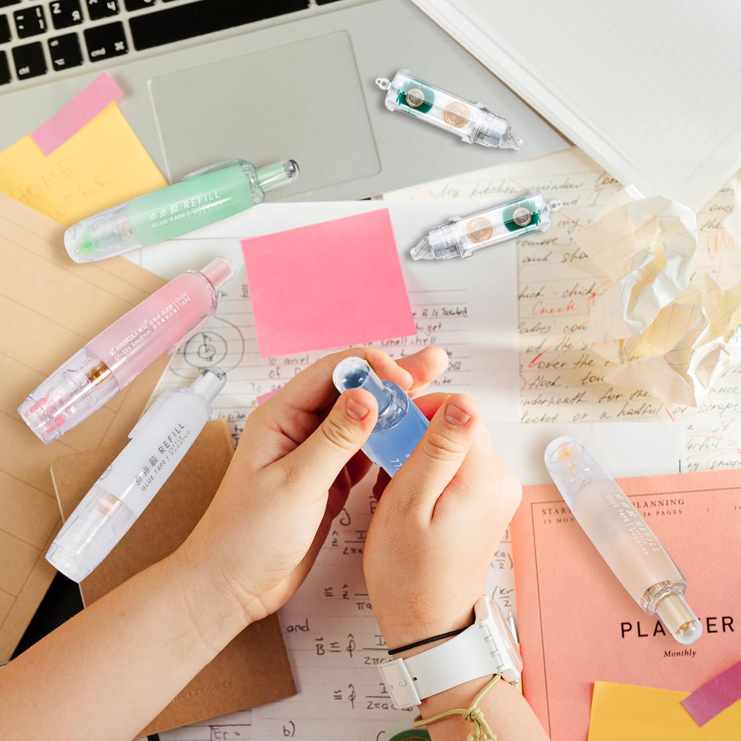 5 Pack Retractable Double Sided Tape Runner, Refillable Adhesive Tape Roller 0.23 Inch x 16.40 Ft, Glue Tape Roller with 360° Rotatable Tip for Scrapbook Supplies DIY Accessories (5 Colors)