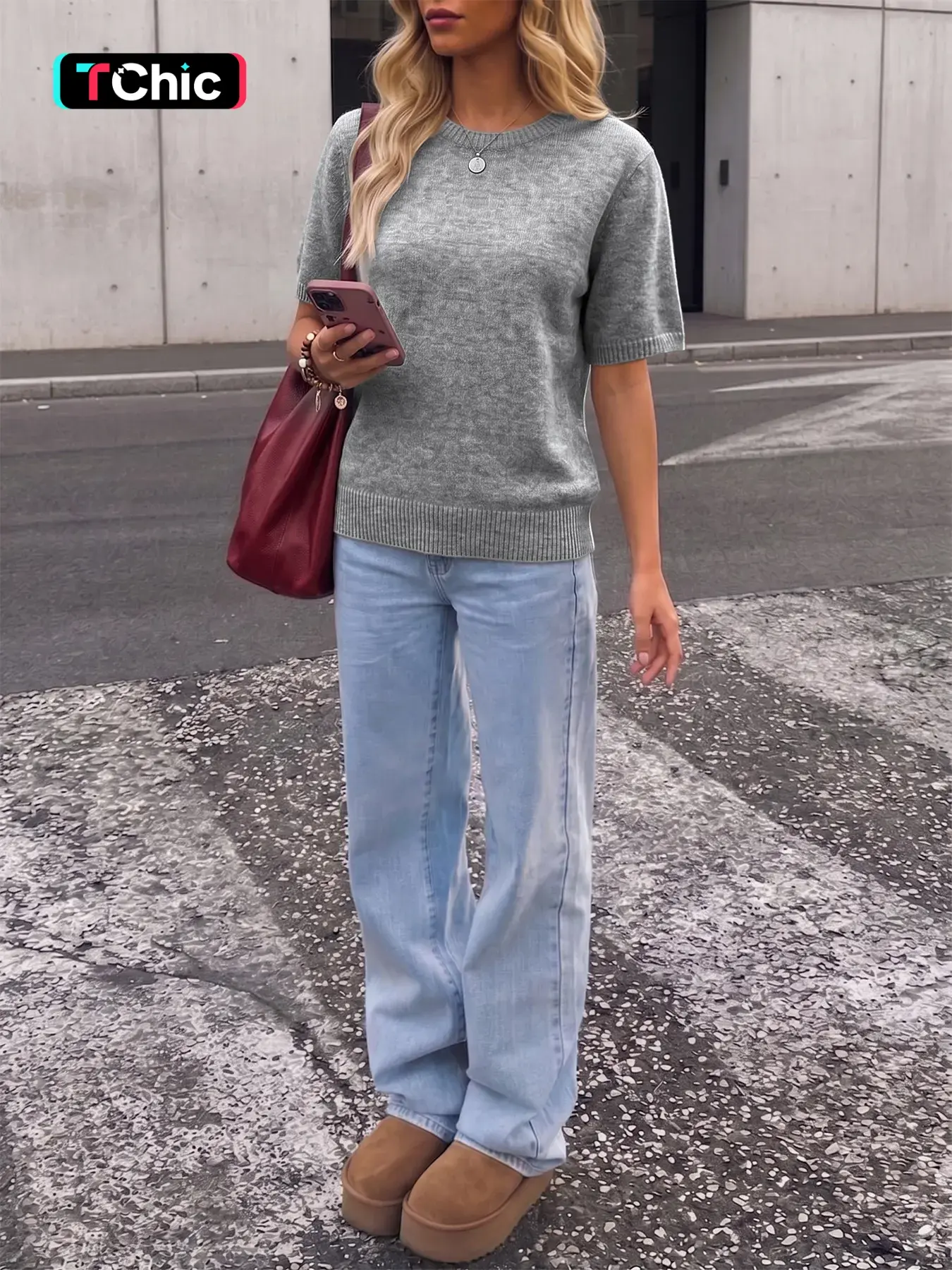 Elegant Women's Winter Casual Knit Top, Solid Color Round Neck Short Sleeve Fitted Basic Tee, French Style Home Office Wear