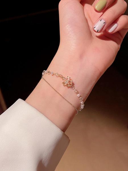 Women's Elegant Faux Pearl & Artificial Crystal Decorated Flower Design Layered Bracelet, Exquisite Trendy Bracelet, Fashionable Jewelry for Women As Gift