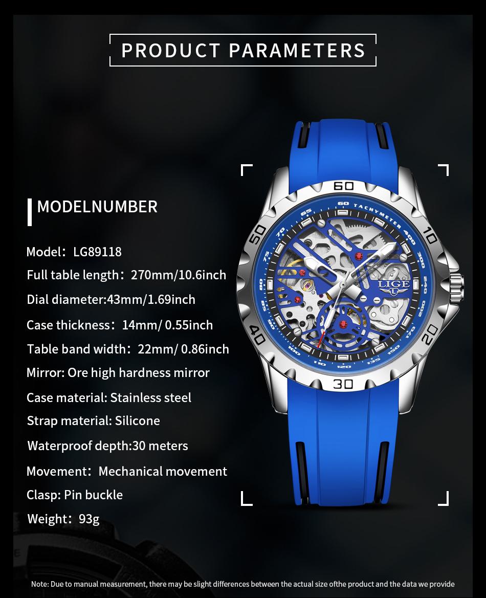 Lige Men's Mechanical Watch, 43mm stainless steel case, 30-meter water resistance, luminous at night, Skeleton Machinery design.