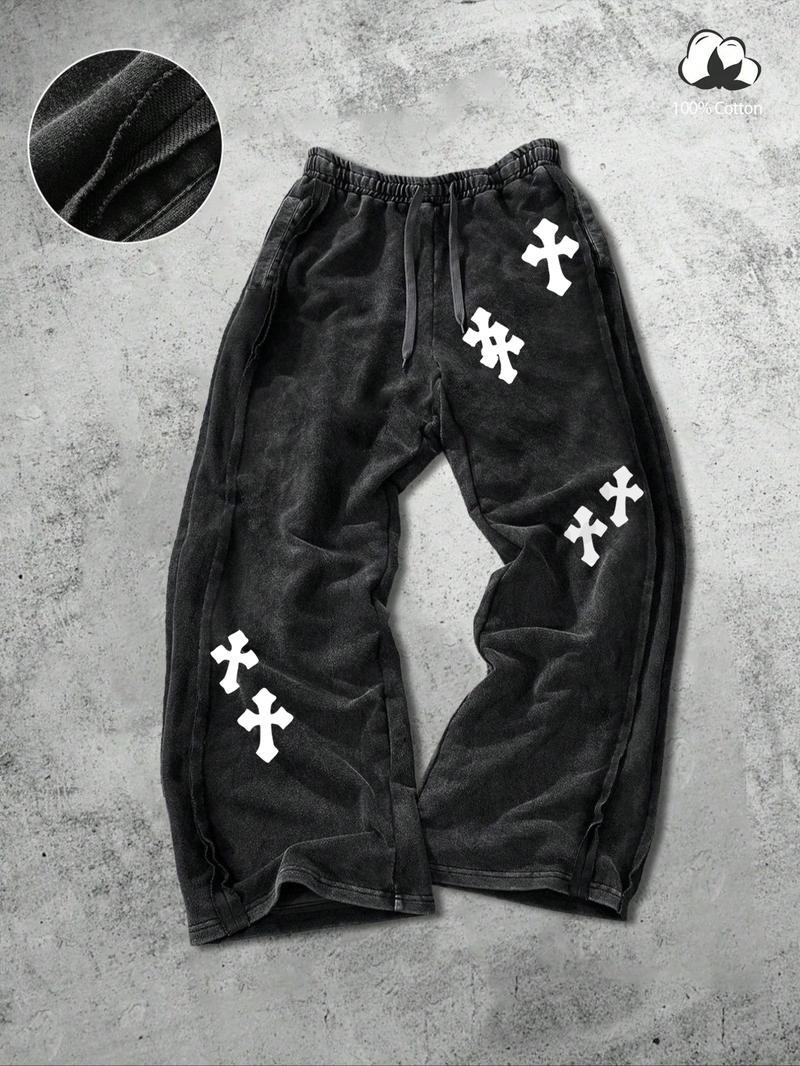 Unisex Street Style Cross Print Cotton Sweatpants, Loose Fit, Elastic Waist, Washed Cotton Fabric, Casual Fashion, Y2K.men's gift
