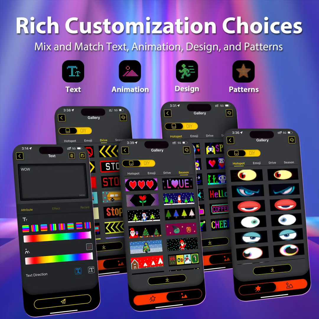 Scrolling LED Sign, Programmable Flexible LED Digital Display, Smart APP Control&Remote Control Custom Text DIY Pattern Animation Matrix Panel Board Banner LED Lights Car Accessory for Car Concert Party Bar Hotel Store Decor