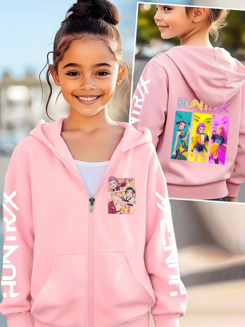 Girls Kpop Demon Hunters Cartoon Print Graphic Print Hoodie, Casual Fitted Jacket for Toddler Girls, Fall & Winter Zipper Sweatshirt