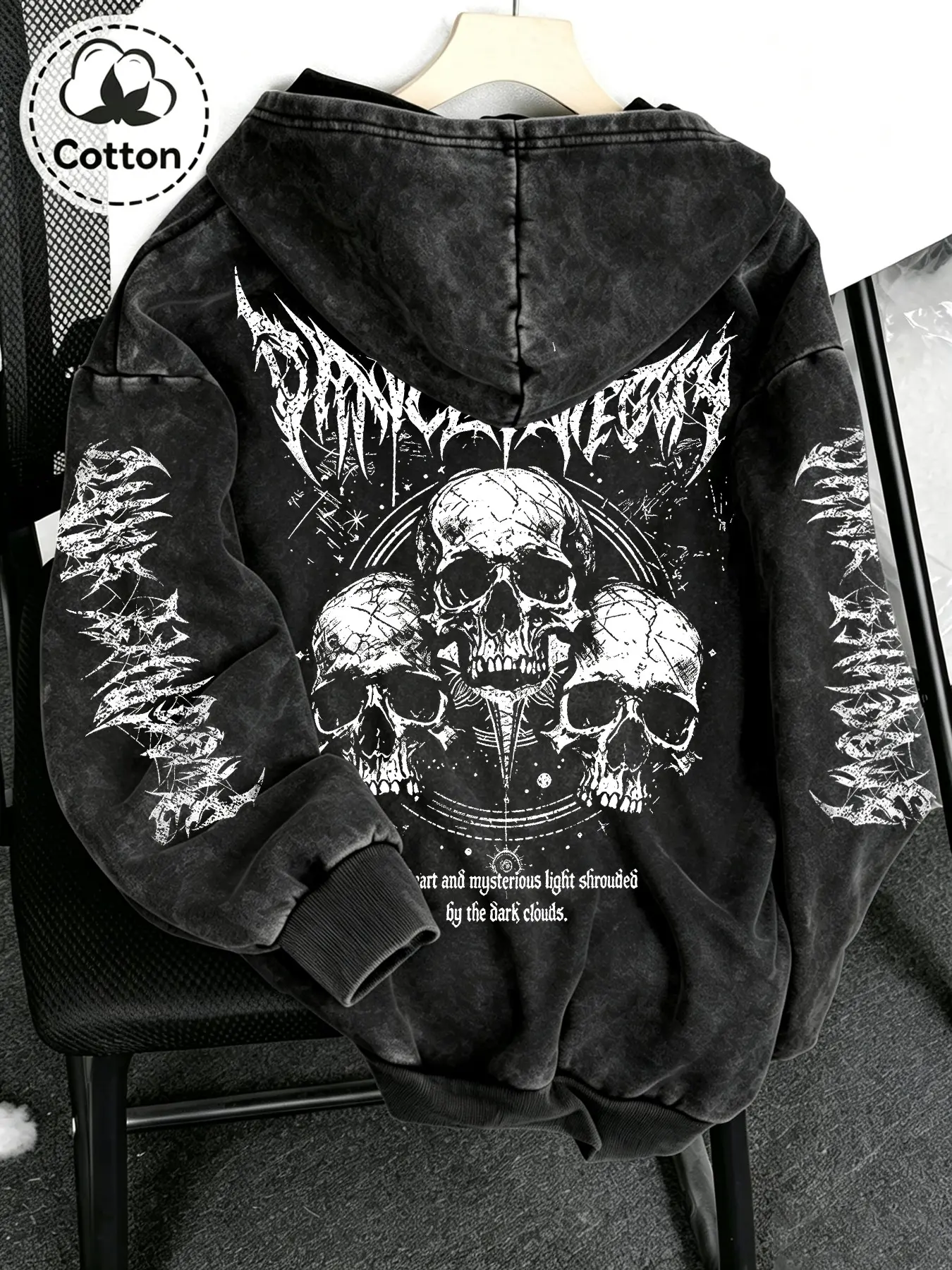 Men's Cotton Washed Hoodie, Gothic Heavy Metal Style, Skull Letter Pattern, Graphics, Loose Fit, Streetwear for Festivals, Casual Long Sleeve Top