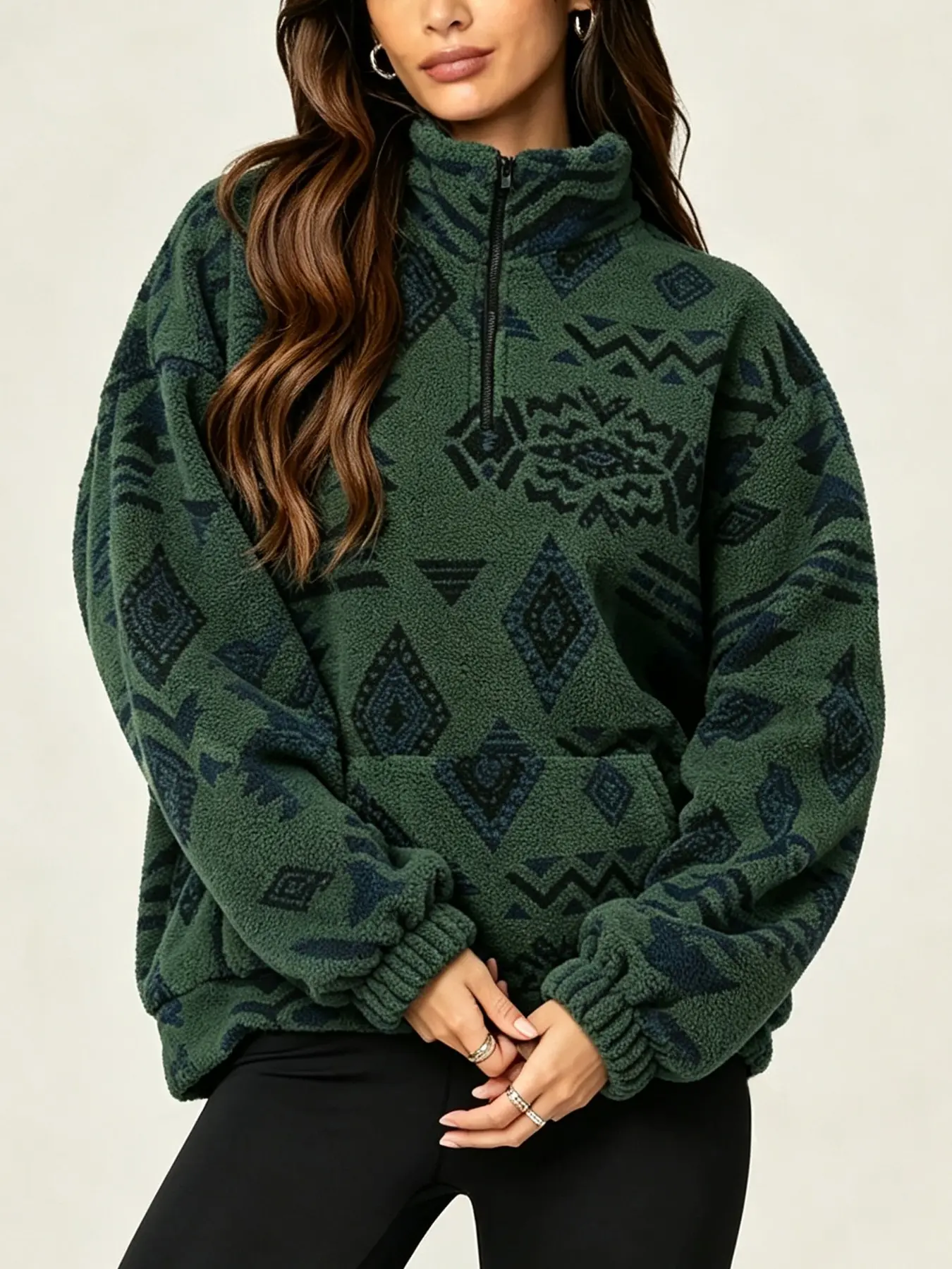 Women Ethnic Aztec Print Half Zip Fleece Sweatshirt, Winter Warm Fluffy Stand Collar Pullover, Long Sleeve Pocket Loose Top, Casual Sweatshirts