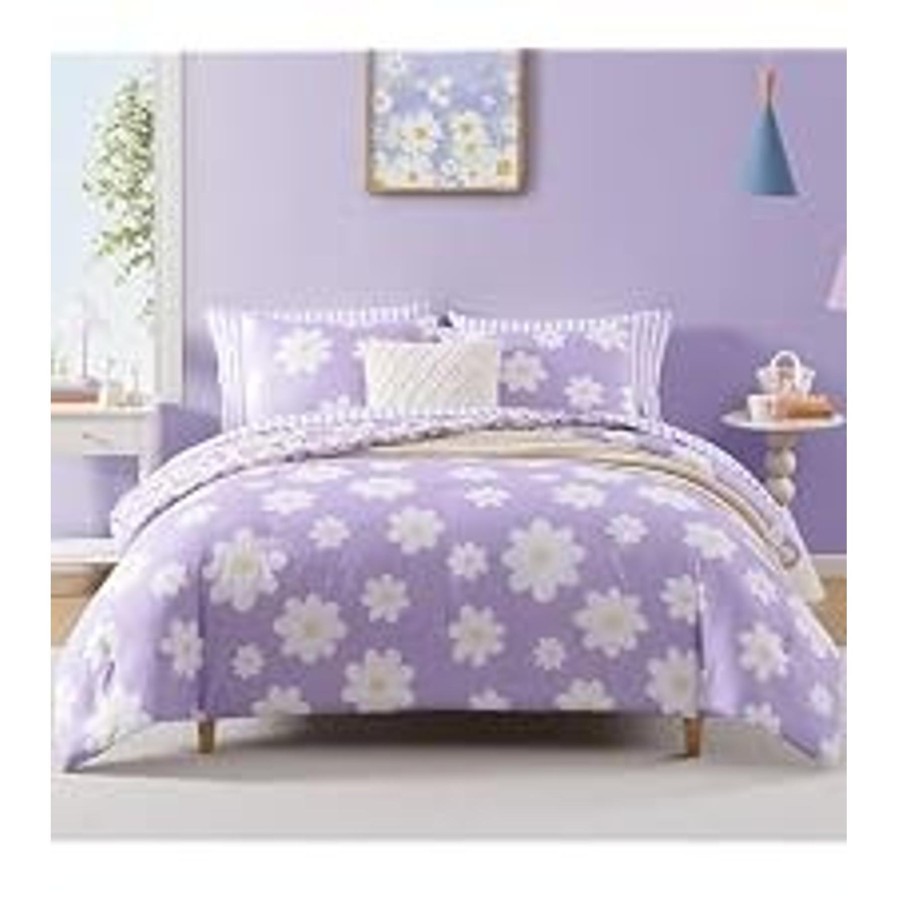 Full Size Comforter Set for Girls Purple Daisy 7 Pieces Bed in a Bag | Reversible Floral All Season Bedding Sets with Sheets, Pillowcase & Sham