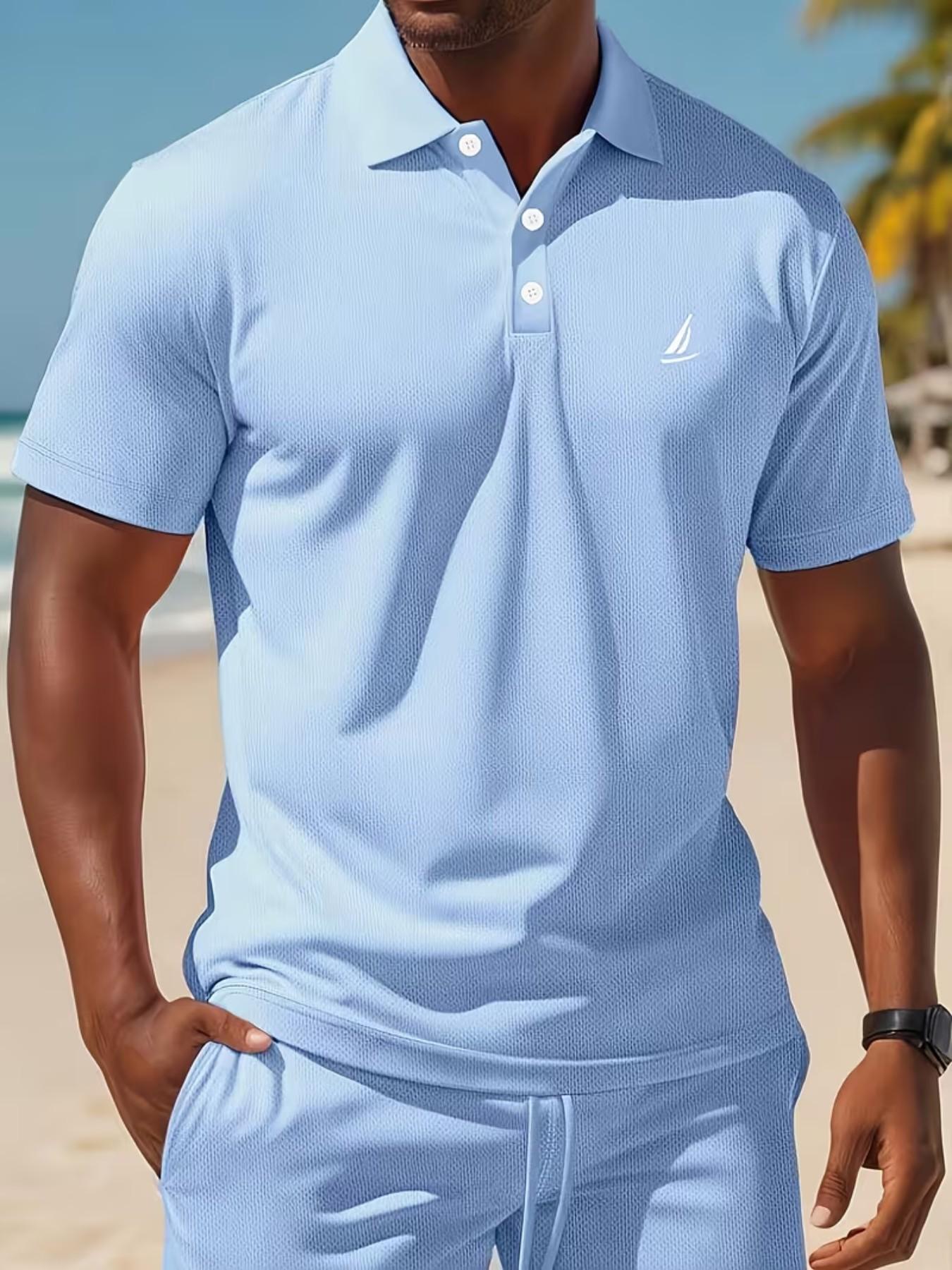 Men's Summer Polo Shirt Set, Sailboat Print Top with Pockets, Loose-Fit Mesh Shorts, Ideal for Beach, Golf, and Casual Wear