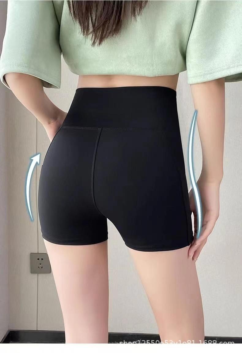 New pocket sharkskin leggings for women, anti-exposure, three-quarter length, high-waisted safety pants, tummy control, slimming yoga shorts
