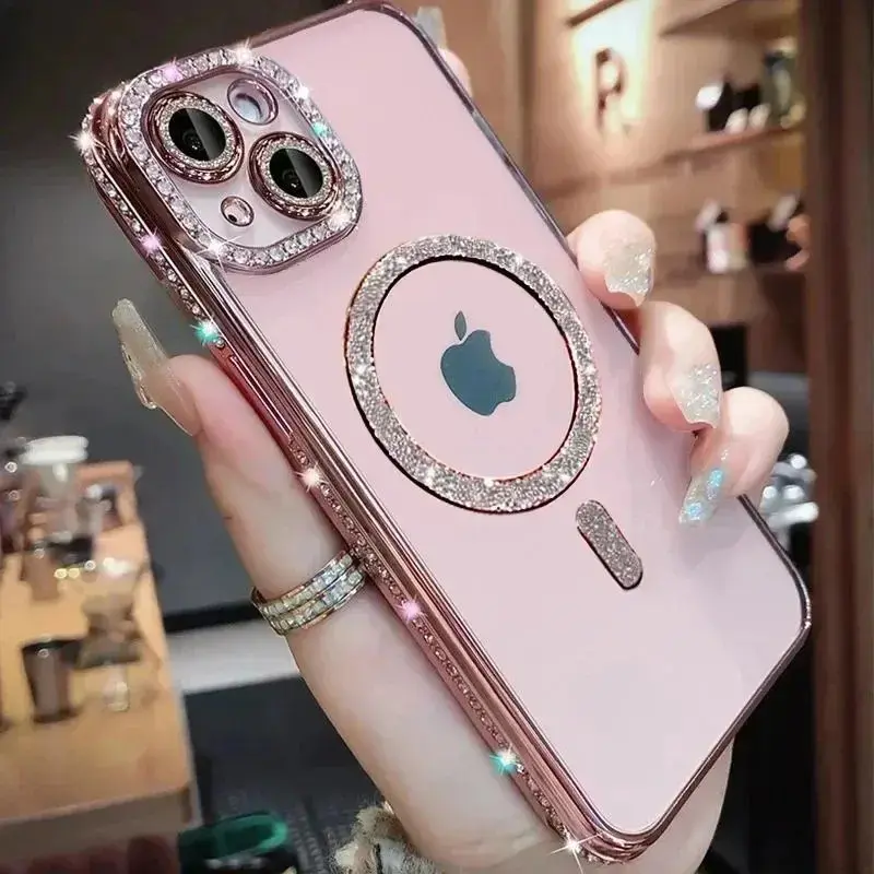 2026 New Sparkling Crystal Transparent Cellphone Case, Shiny Glitter Protector with Camera Lens Cover, MagSafe Compatible, Magnetic Wireless Charging Supported, for iPhone 12-18 Pro Max, Handheld Devices Accessories Casing