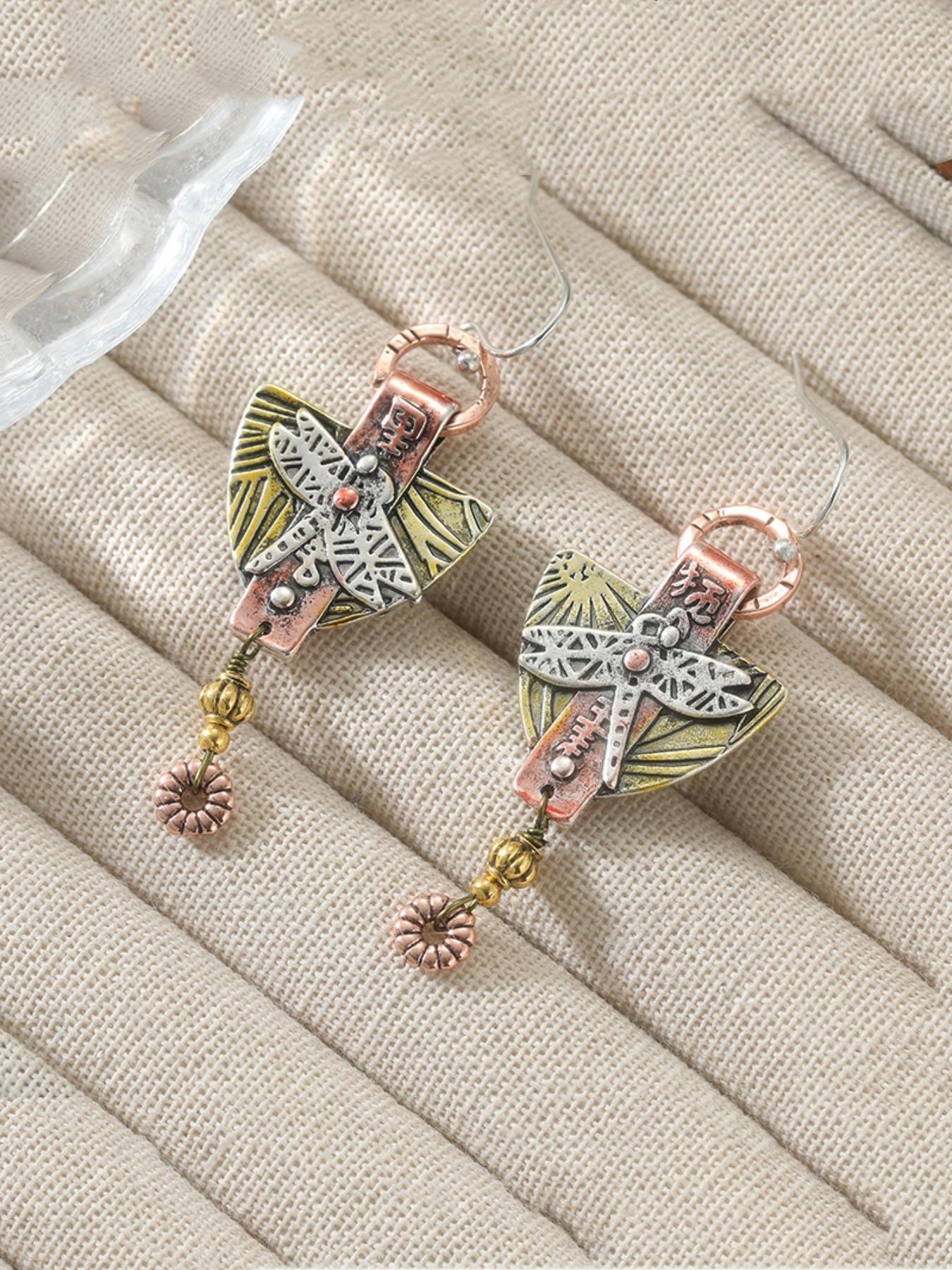 1pair of Ethnic Carved Dragonfly Geometric Drop Hook Earrings Pendientes Women's Vintage Round Triangle Dangle Earrings