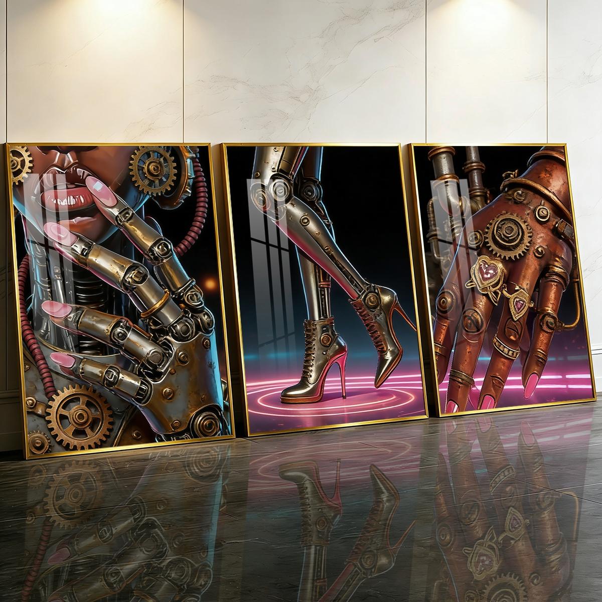 3 Counts Aluminum Alloy Framed Painting, Futuristic Cyberpunk Robot Art Pictures, Home Decoration For Living Room, Bedroom, Office, Restaurant, Hallway Wall Decor, Odorless Print Artwork, Luxury Perfect Gift For Friends And Family