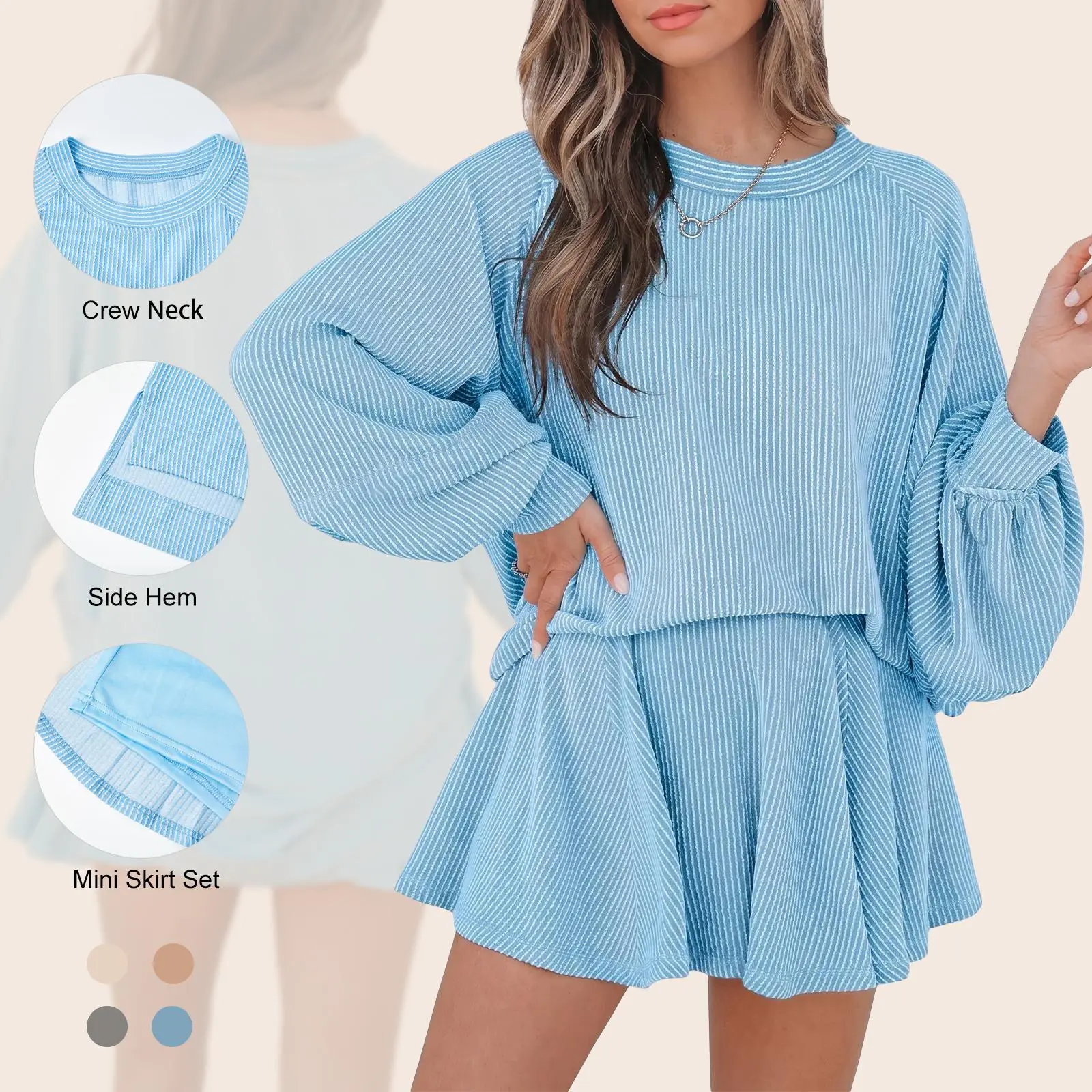 Imily Bela Women's Ribbed Crew Neck Balloon Sleeve Top & Skirt Set - Energetic Casual Two-Piece
