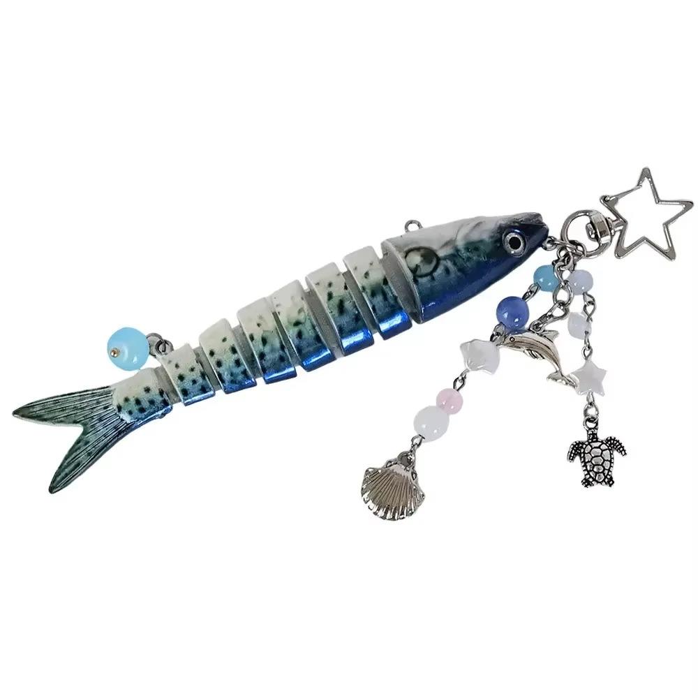 Novelty Fish Keychain, Fishing Enthusiasts Creative Bait Keychain, Jointed Design Fish Keyring with Beaded Charm, Realistic Lure Keychain for Bag Backpack, Good Luck Aesthetic Fish bag Pendant Trinket, Kawaii Keychain Style Accessory