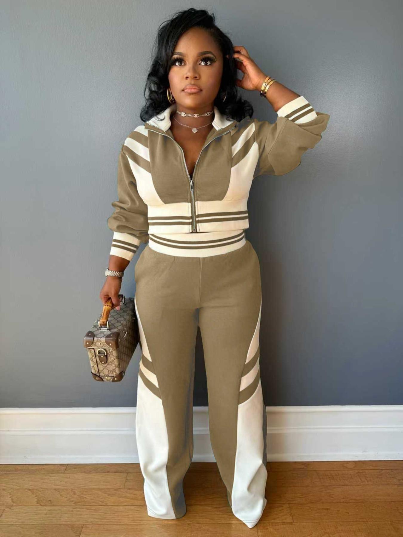 Women's Colorblock Print Zip Up Crop Jacket & Pants Two-piece Set, Casual Matching Set, Casual Fashion Cozy Breathable Two Piece Outfits for Daily Outdoor Wear, Women Clothes for Fall & Winter