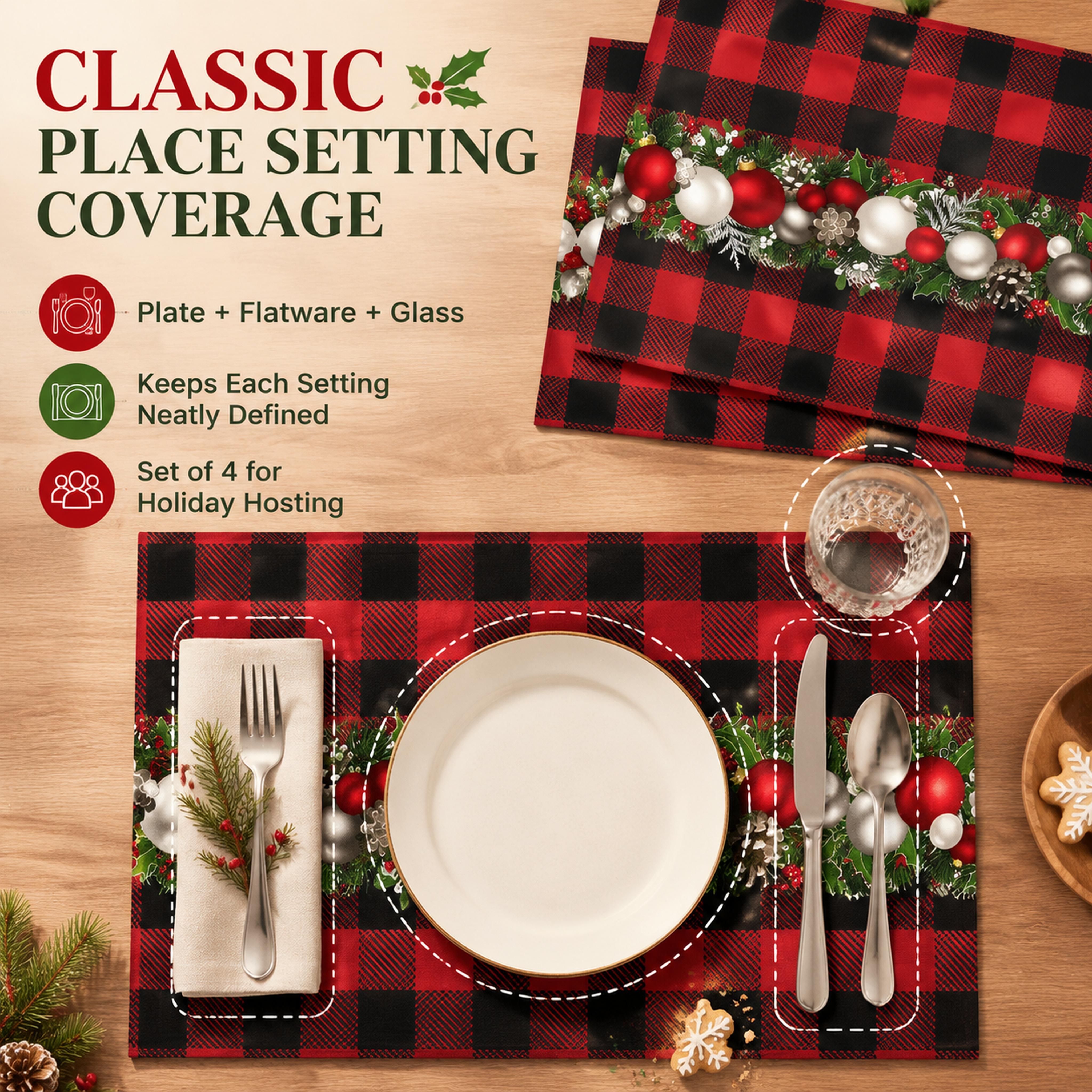 4‑Pack Christmas Festive Placemat Set, Classic Size Table Mats for Home Kitchen Dining Tables, Holiday Decor for Christmas Party & Family Dinner Lovers