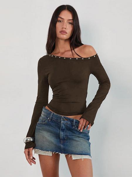 Women's Long Sleeve off Shoulder Top, Casual Knitted Fabric, Perfect for Spring & Fall Seasons, Stylish Design for Daily Wear, Basic Womenswear