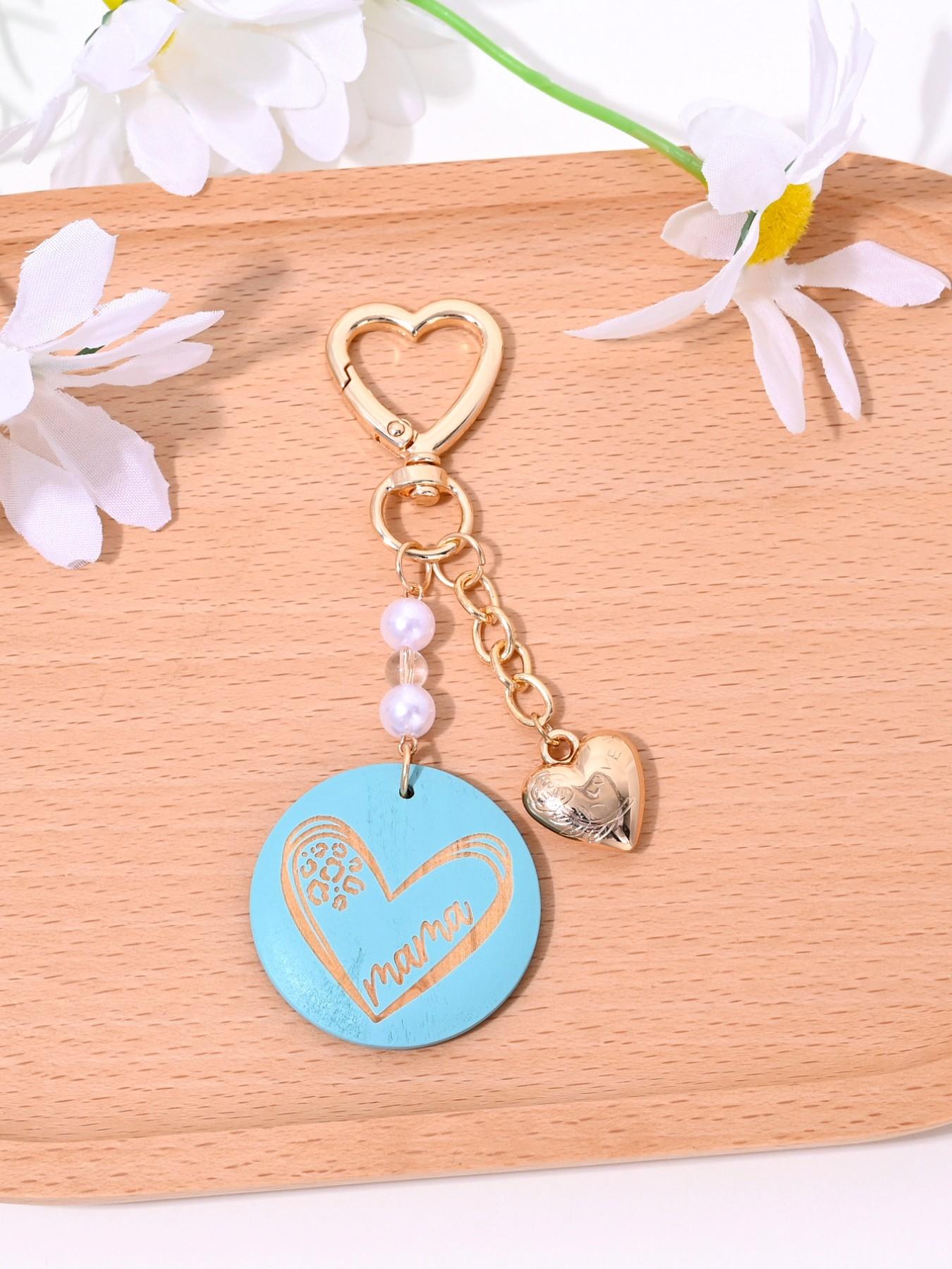 Creative Fashion Mama Wooden Sign Heart Artificial Pearl Keychain, Perfect Mother's Day Gift for Women, Bag Decoration