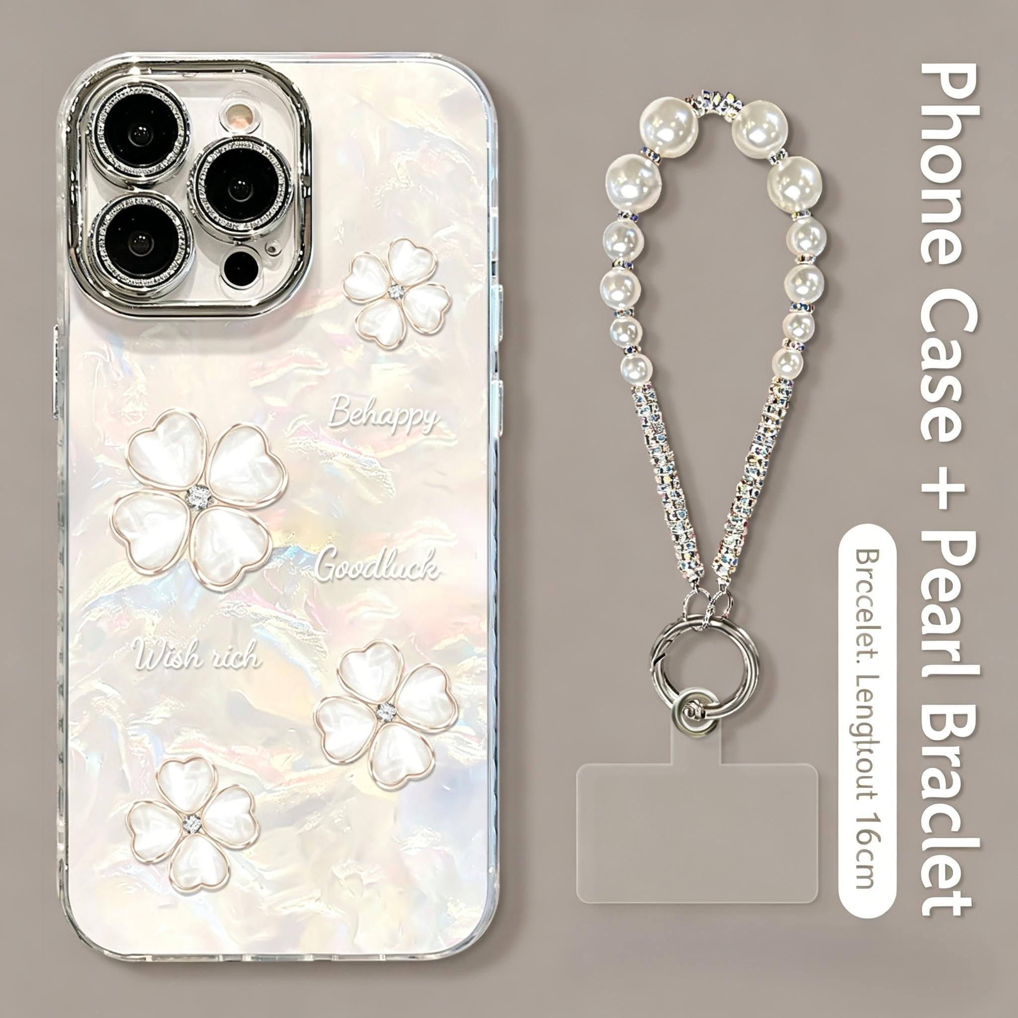 Elegant Pearl Chain Phone Case for iPhone 17 Series, 4 Leaf Clover Glitter Acrylic Cover, Luxury Aesthetic Shockproof Case for Women Girls