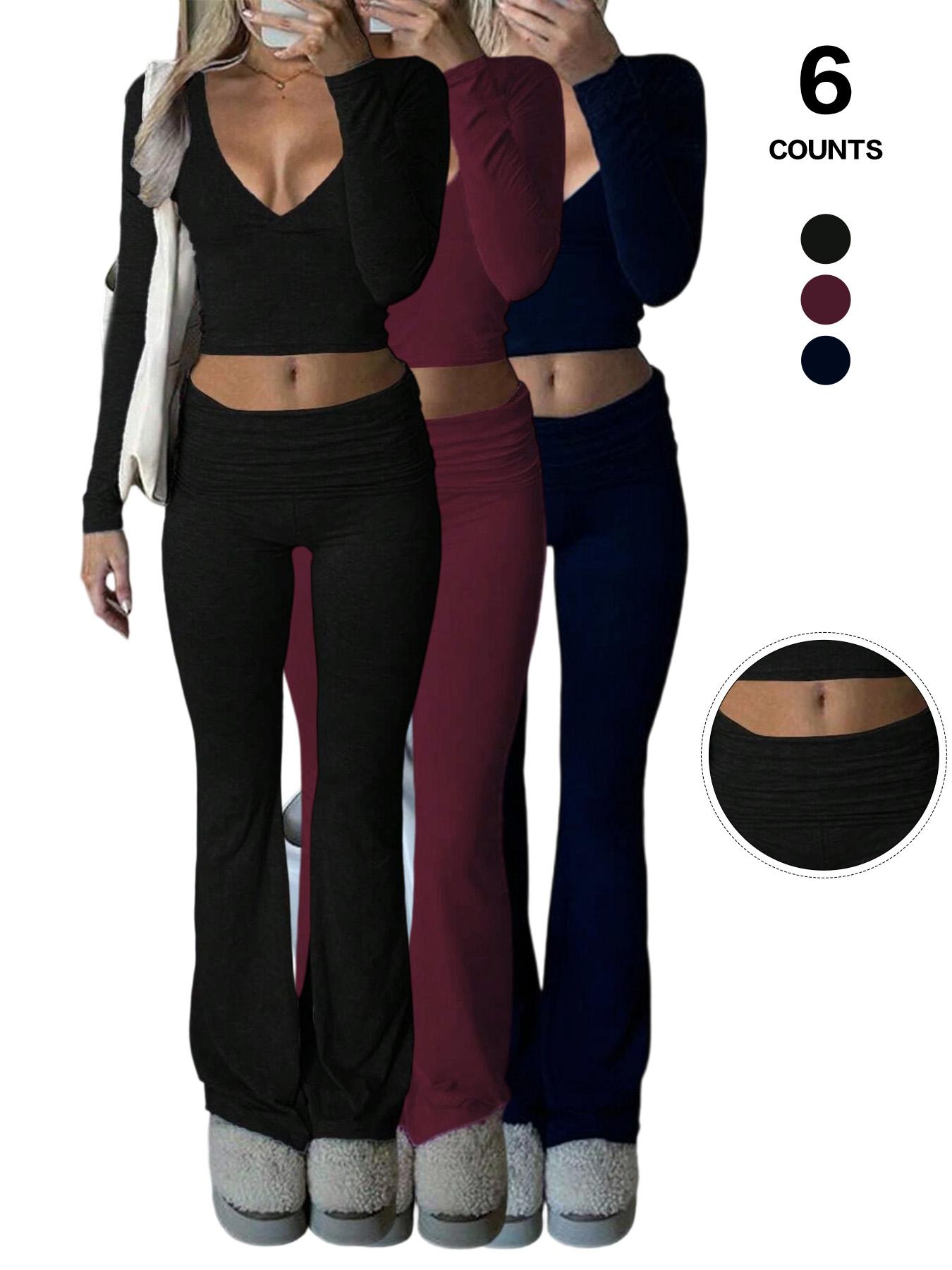 Women's 2 Piece Matching Set Long Sleeve Deep V Neck Crop Top and Foldover Flare Leggings Yoga Outfit,Women's 2 Piece Matching Set Long Sleeve Deep V Neck Crop Top and Foldover Flare Leggings Yoga Outfit Yoga Bottoms,Airport Outfit, Flare Leg Sports