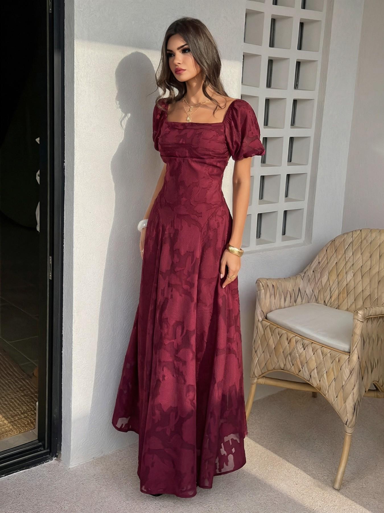 Pure Color Jacquard Square Neck Bubble Sleeve Dress, Back Crossed Tie French Vintage Wedding Banquet Atmosphere Dress