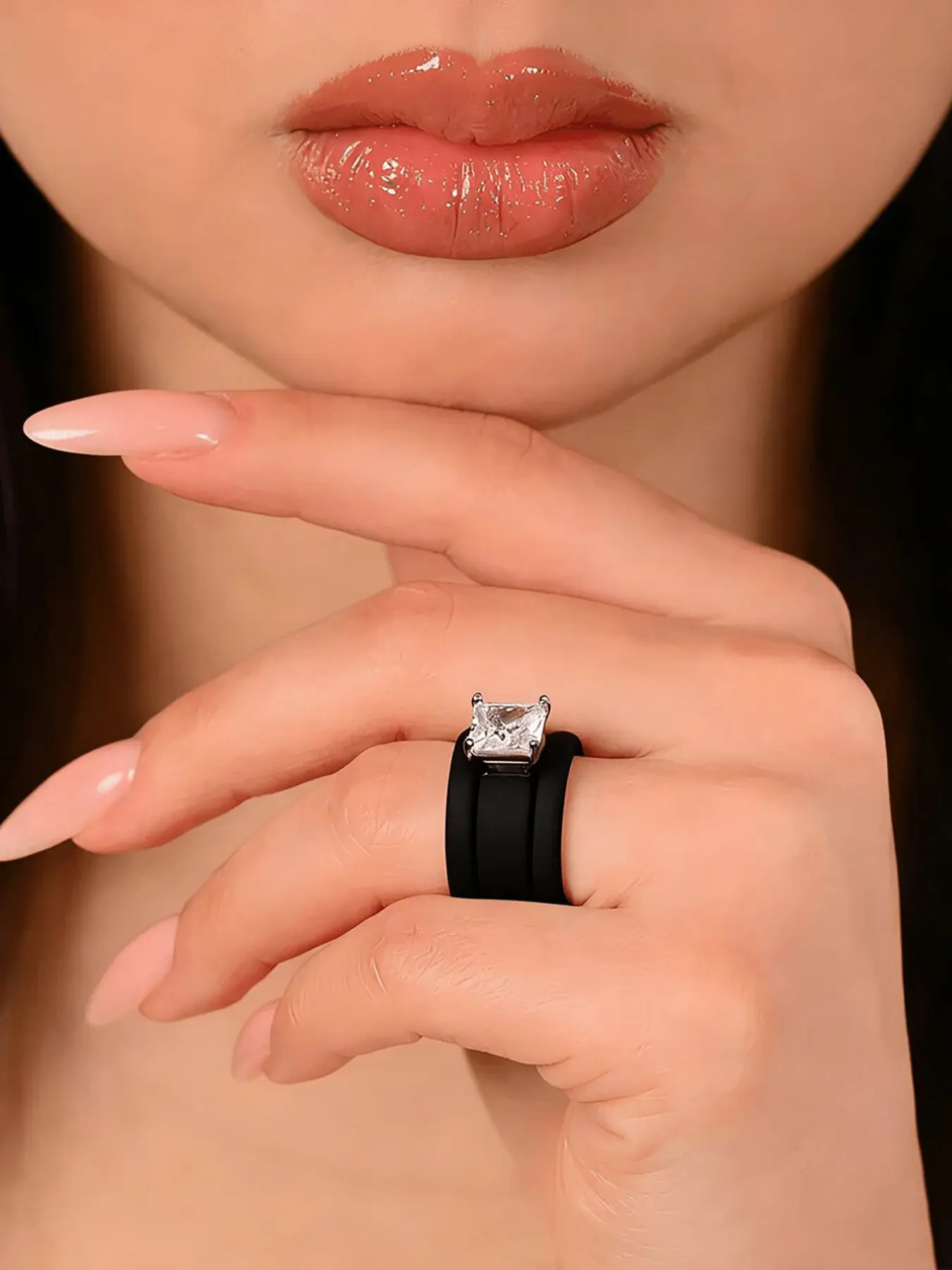 3-Piece Princess Square Cut Cubic Zirconia Silicone Ring Set, Wide Band Cz Promise Rings, Women's Wedding Engagement Jewelry Gift