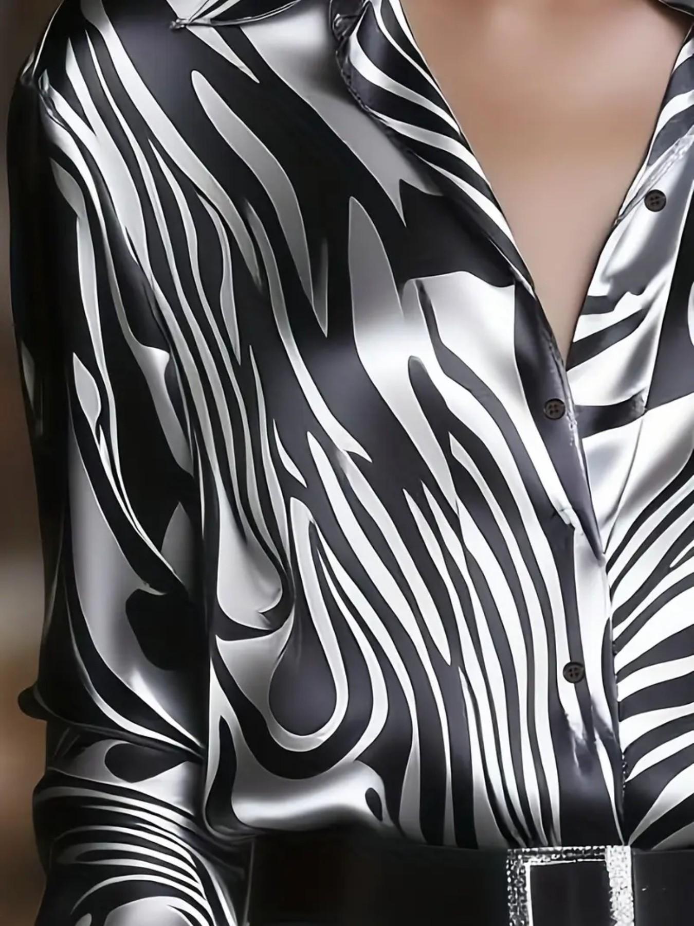 Elegant Satin Zebra Print Fitted Long Sleeve Blouse Shirts for Women, Spring & Fall Fashion, Stylish Ladies' Top, Comfortable and Chic Design