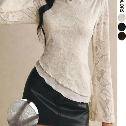 Floral Lace Bell Sleeve Shirt, Boat Neck Waist Cinch Ruffle Top, Romantic Vintage, Millennial Soft Mesh Long Sleeve, Casual Lace Blouse, Bell Sleeves Blouse