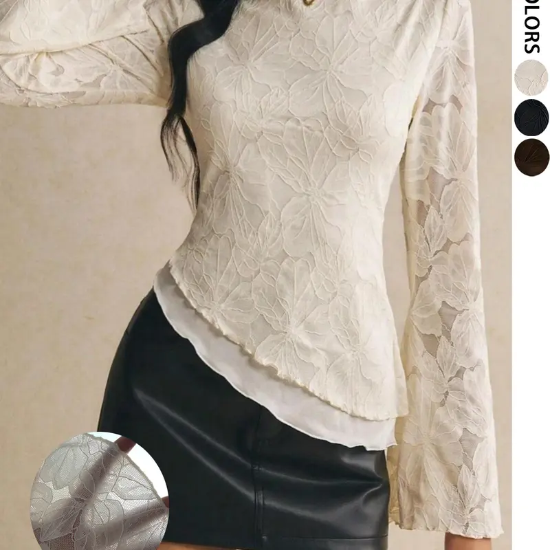 Floral Lace Bell Sleeve Shirt, Boat Neck Waist Cinch Ruffle Top, Romantic Vintage, Millennial Soft Mesh Long Sleeve, Casual Lace Blouse, Bell Sleeves Blouse